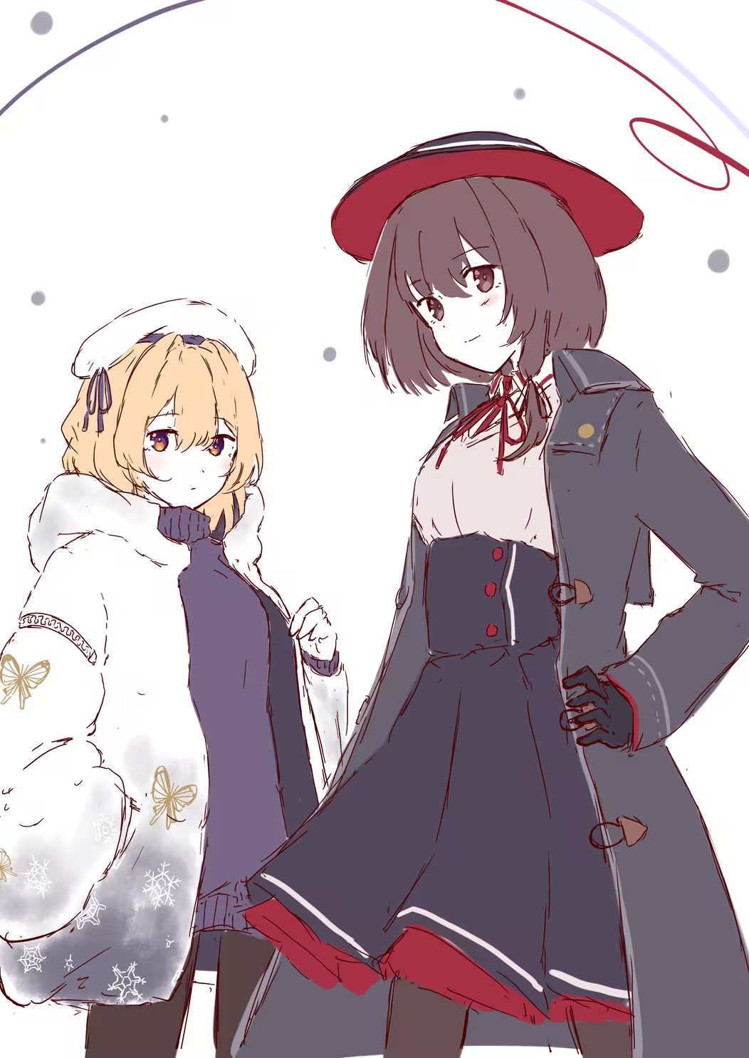 t-hou, maribel hearn, usami renko, touhou, highres, 2girls, black coat, blonde hair, bow, bowtie, brown eyes, brown hair, coat, gloves, hat, multiple girls, purple eyes, red bow, red bowtie, shirt, skirt, thread, white background, white coat, white shirt, winter clothes, winter coat