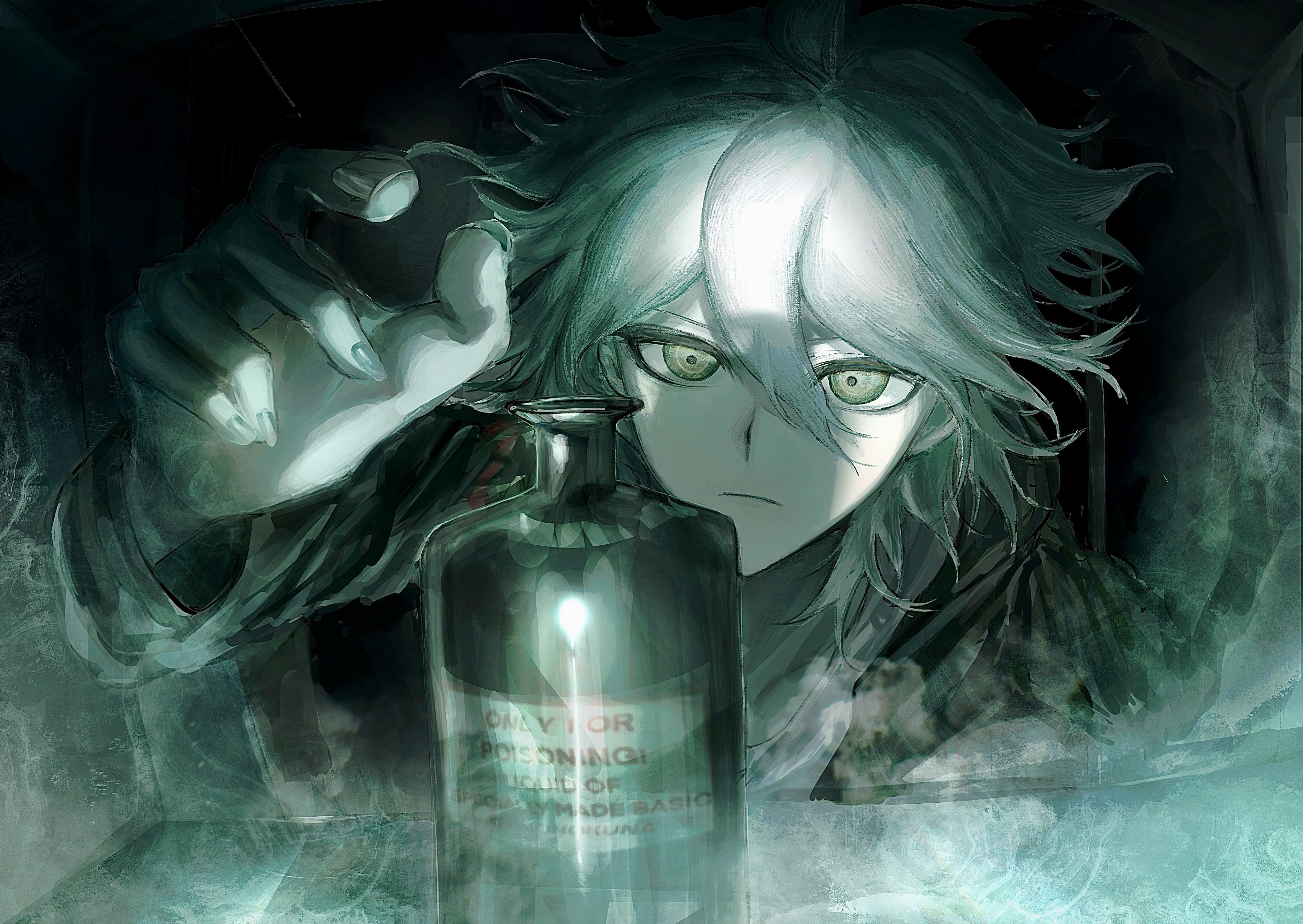kashiba (iiiiii kasba), komaeda nagito, danganronpa (series), danganronpa 2: goodbye despair, absurdres, highres, 1boy, closed mouth, green jacket, grey hair, hair between eyes, hand up, hood, jacket, long sleeves, looking at viewer, male focus, medium hair, messy hair, shirt, solo, upper body