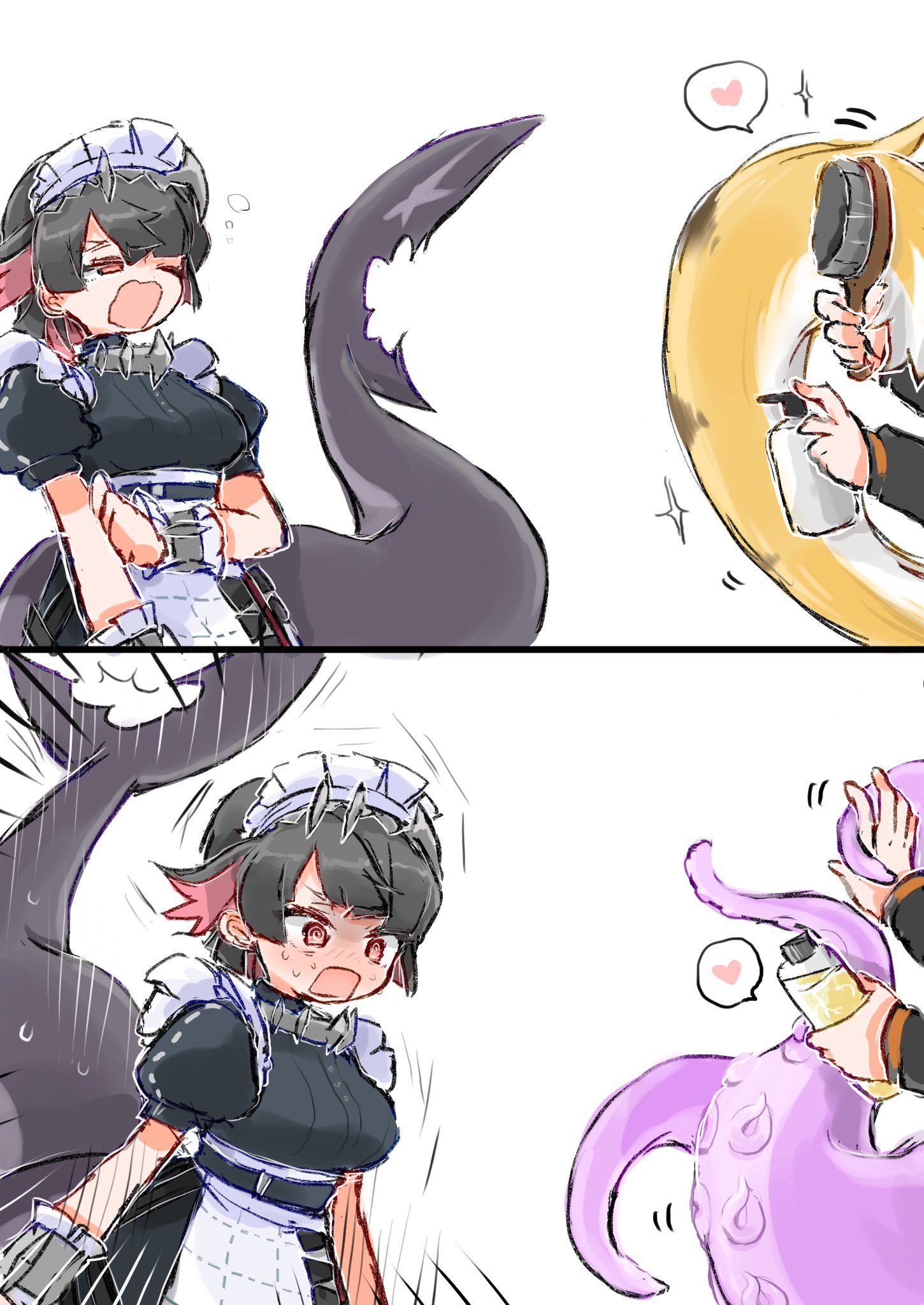 az79709363, ellen joe, ju fufu, wise (zenless zone zero), yidhari (zenless zone zero), zenless zone zero, highres, @ @, blush, colored inner hair, fins, fish tail, frilled wristband, hairband, heart, maid headdress, metal hairband, mole, mole on arm, mole under eye, monster girl, multicolored hair, octopus, orange fur, razor blade hair ornament, red nails, scar, scar on tail, shark girl, shark tail, spiked headband, striped fur, striped hair, tail, tail ornament, tentacles, tiger girl, tiger stripes, tiger tail