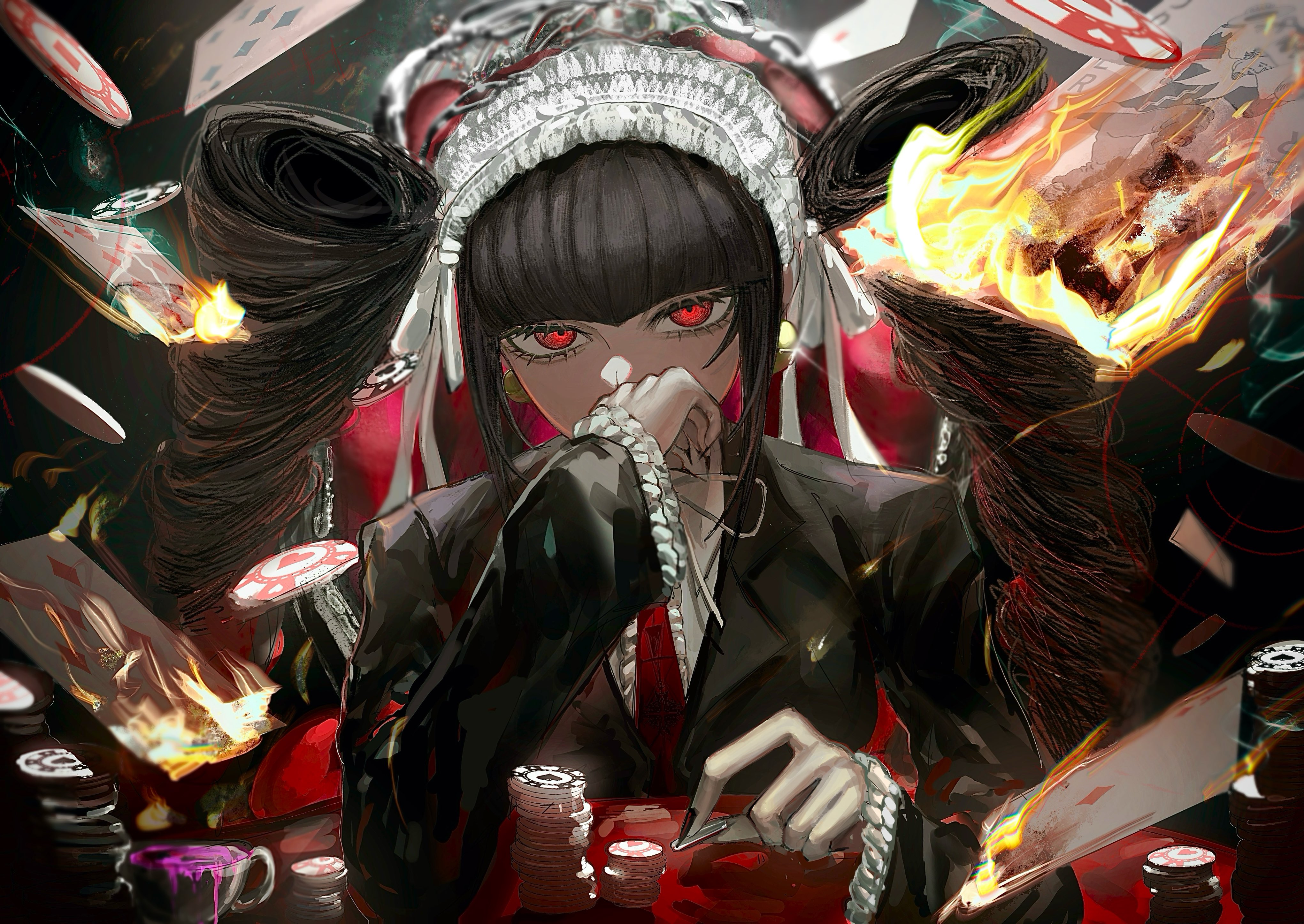 kashiba (iiiiii kasba), celestia ludenberg, danganronpa: trigger happy havoc, danganronpa (series), absurdres, highres, 1girl, black hair, black jacket, black nails, blunt bangs, bonnet, card, claw ring, collared shirt, covering own mouth, drill hair, earrings, fire, frills, gothic lolita, hand up, jacket, jewelry, lolita fashion, long hair, long sleeves, looking at viewer, nail polish, necktie, playing card, poker chip, red eyes, red necktie, shirt, sitting, solo, twin drills, twintails, upper body