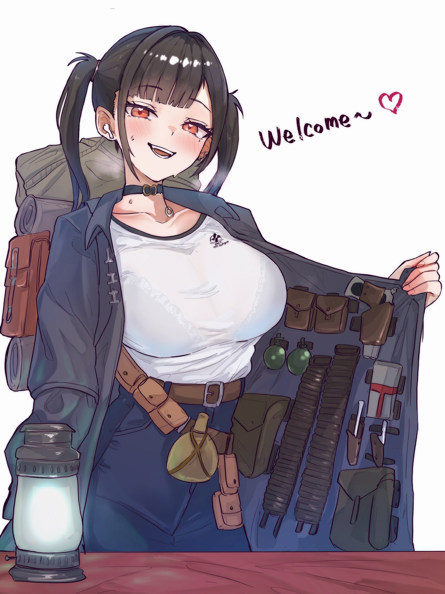 kunimoto rikuya, merchant (resident evil), sora (nikke), goddess of victory: nikke, resident evil, resident evil 4, hashtag-only commentary, highres, 1girl, backpack, bag, belt, black choker, black coat, black hair, blush, bra visible through clothes, breasts, choker, coat, earbuds, earphones, english text, explosive, flask, grenade, gun, heart, lantern, large breasts, looking at viewer, open clothes, open coat, pain, red eyes, shirt, simple background, sweat, table, twintails, upper body, weapon, white background, white shirt