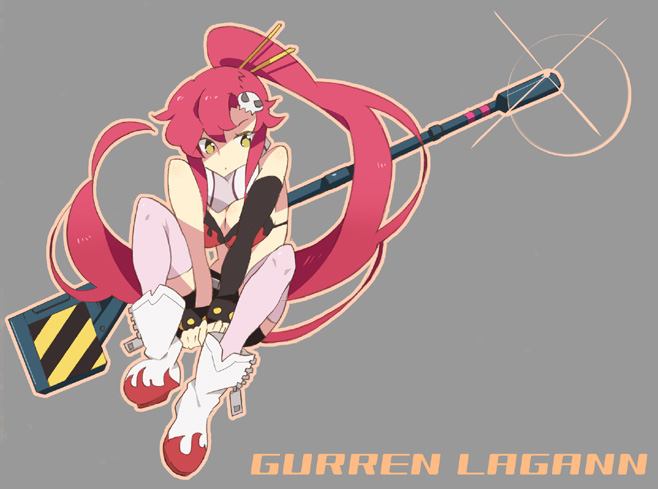 hayato (meromoni), yoko littner, tengen toppa gurren lagann, 00s, 1girl, asymmetrical bangs, bare shoulders, belt, bikini, bikini top only, black gloves, black shorts, boots, breasts, cleavage, copyright name, elbow gloves, female focus, fingerless gloves, full body, glint, gloves, grey background, gun, gun on back, hair ornament, hair stick, invisible chair, knee boots, long hair, looking at viewer, medium breasts, no pupils, outline, pink hair, pink thighhighs, ponytail, rifle, scarf, shorts, simple background, sitting, skull hair ornament, sniper rifle, solo, striped clothes, striped scarf, swimsuit, thighhighs, very long hair, weapon, weapon on back, white boots, yellow eyes, zipper