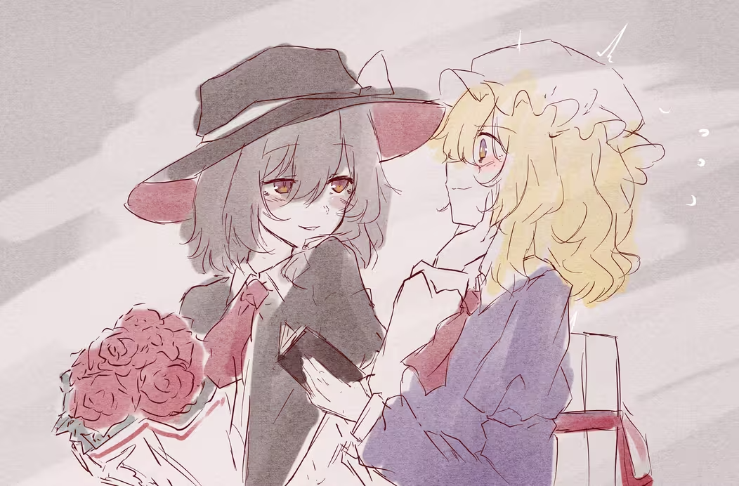 t-hou, maribel hearn, usami renko, touhou, 2girls, black capelet, blonde hair, brown hair, capelet, dress, fedora, flower, hand on another's chin, hat, mob cap, multiple girls, necktie, purple dress, rose, shirt, white shirt, yuri