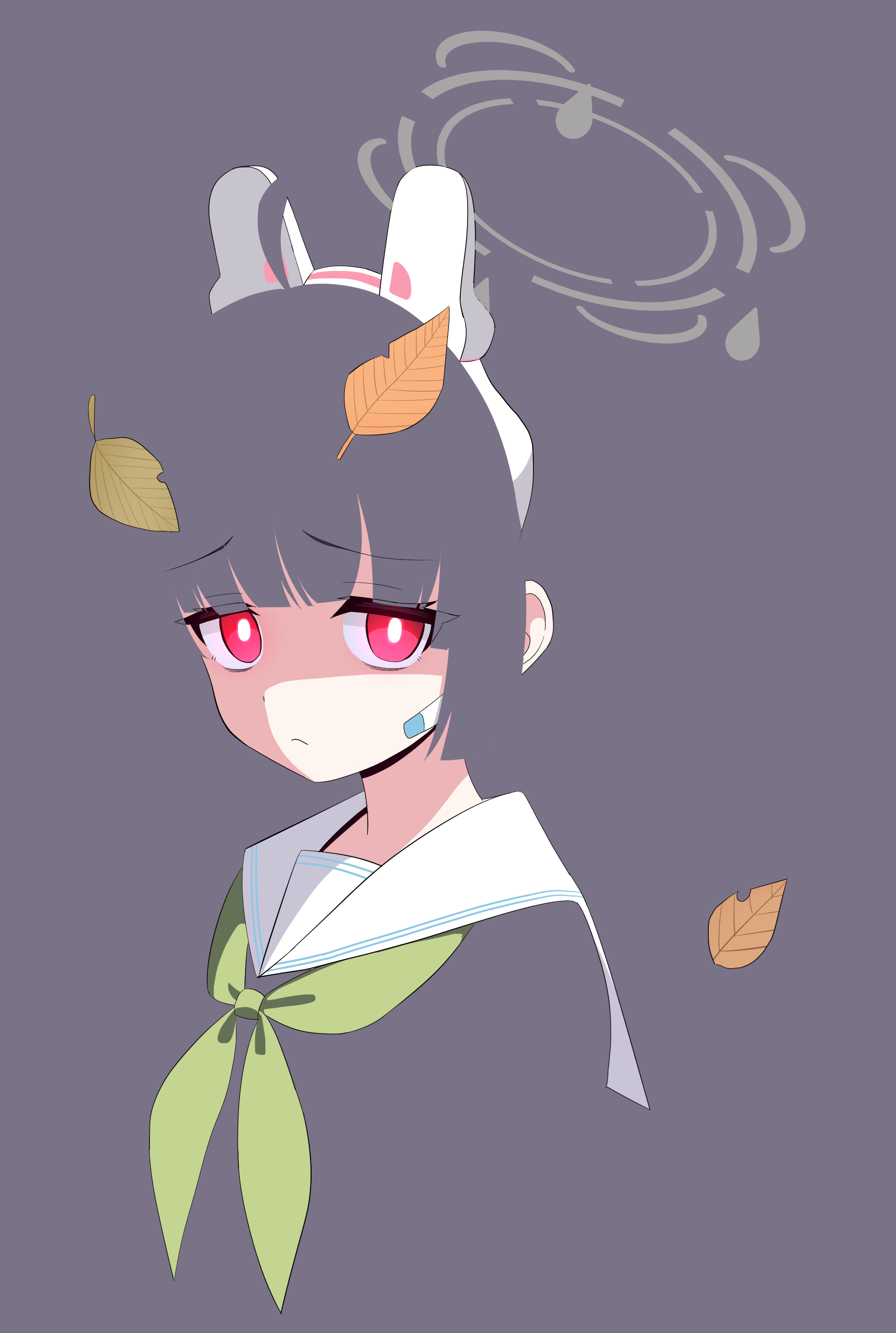 hururu game, miyu (blue archive), blue archive, absurdres, commentary request, highres, 1girl, :<, animal ears, blunt bangs, blunt ends, bright pupils, closed mouth, eyelashes, eyes visible through hair, fading, fake animal ears, frown, furrowed brow, green neckerchief, grey background, grey halo, halo, leaf, leaf on head, neckerchief, rabbit ears, red eyes, sailor collar, school uniform, serafuku, shaded face, sidelocks, simple background, solo, upper body, white pupils, white sailor collar