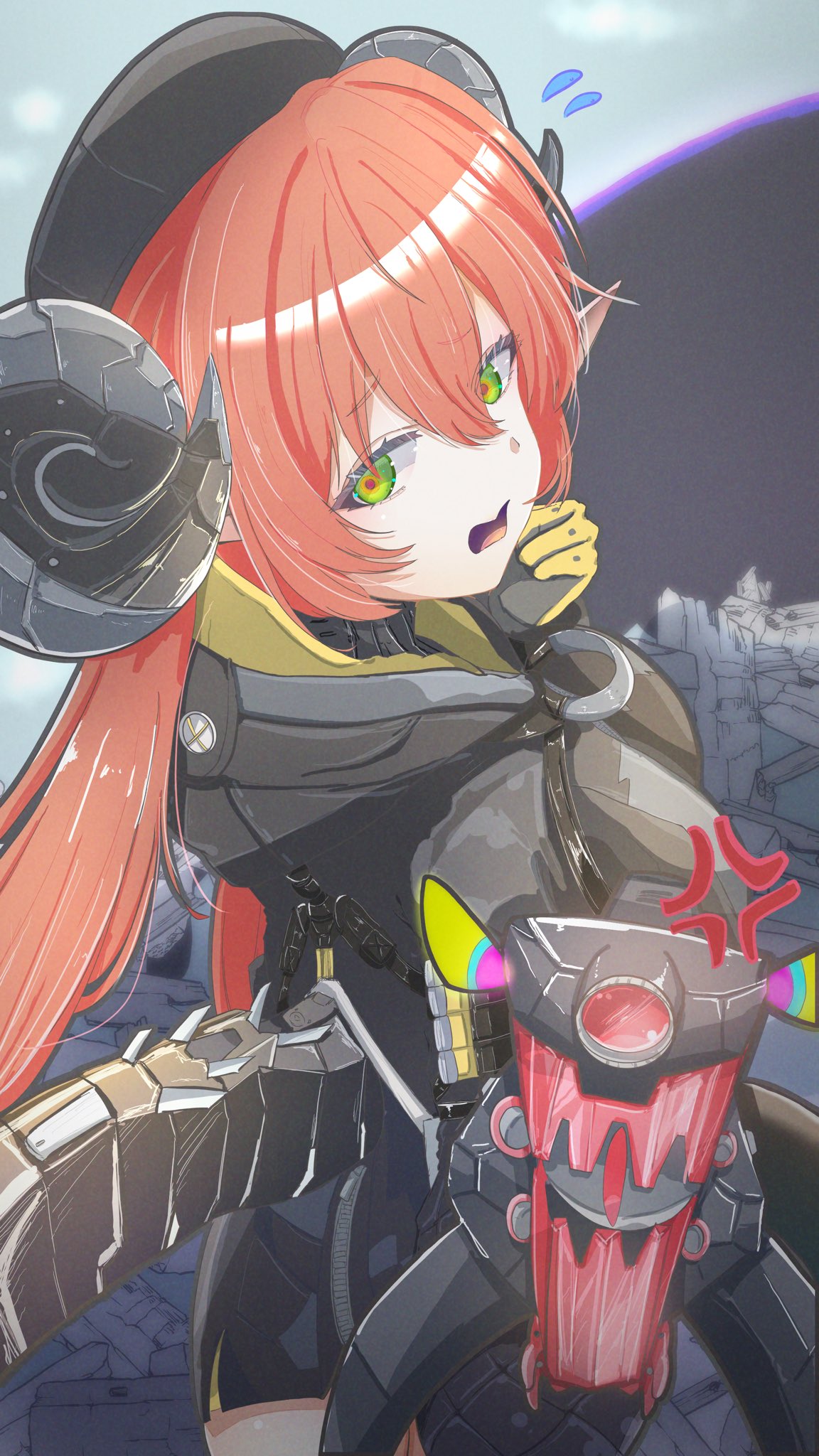 kurone sc, magus (zenless zone zero), orphie magnusson, zenless zone zero, highres, angry, asymmetrical gloves, black horns, cropped hoodie, dragon girl, gloves, gun, hood, hoodie, horns, mechanical horns, mechanical tail, mismatched gloves, open mouth, orange hair, orange pupils, partially unzipped, tail, weapon, yellow gloves, zipper, zipping