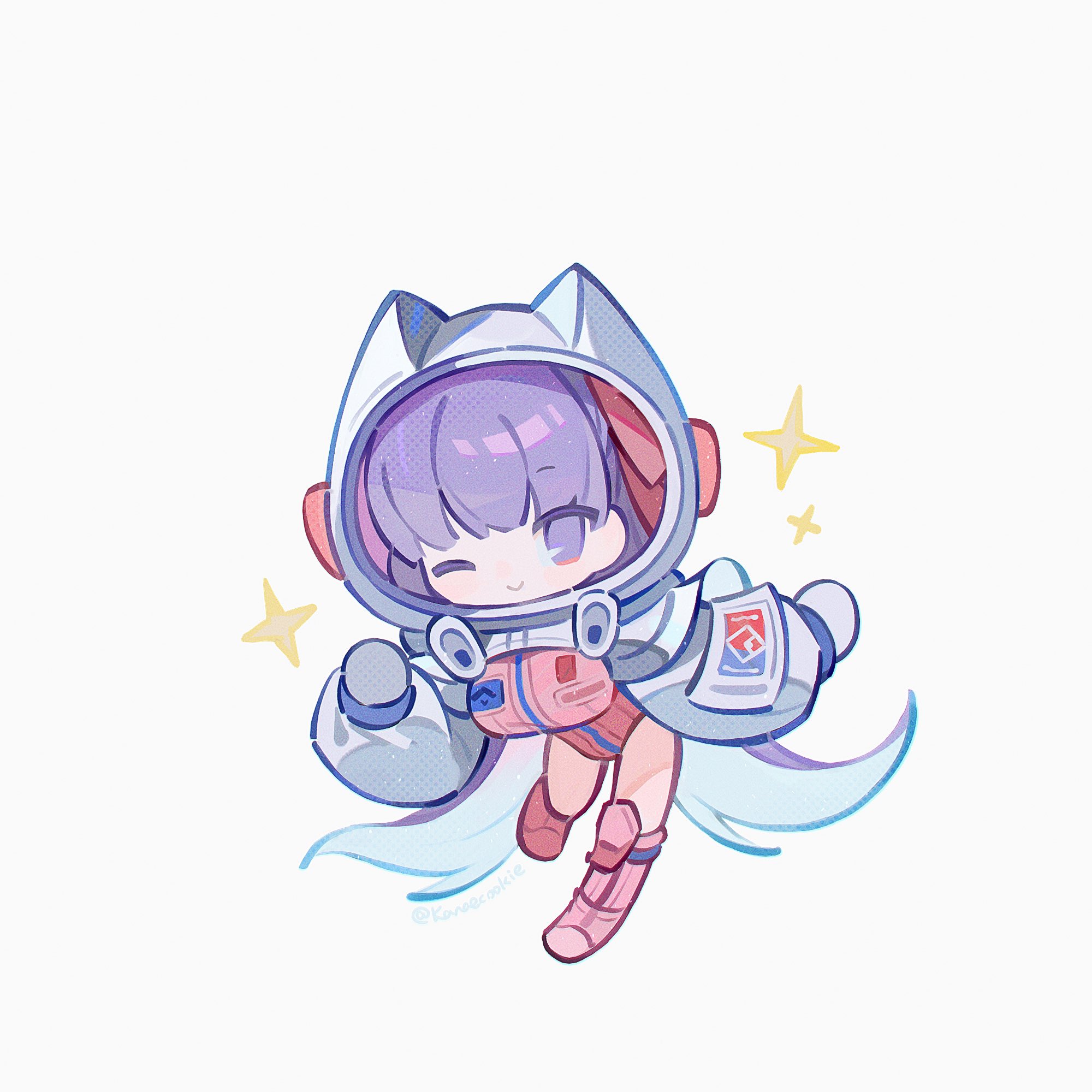 kanae (cookie), bb (fate), bb cosmo (fate), fate/grand order, fate (series), commentary, hashtag-only commentary, highres, 1girl, ;), boots, chibi, chibi only, full body, helmet, leotard, long hair, looking at viewer, no pupils, one eye closed, pink boots, pink leotard, purple eyes, purple hair, simple background, smile, solo, space helmet, spacesuit, sparkle, twitter username, very long hair, white background