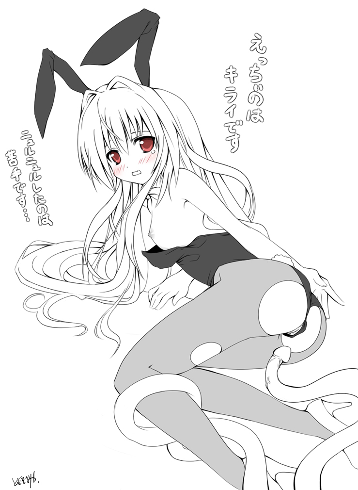 tomusooya, konjiki no yami, to love-ru, 00s, animal ears, cleft of venus, fake animal ears, greyscale, leotard, loli, monochrome, nipples, pantyhose, playboy bunny, rabbit ears, solo, tentacles, torn clothes, torn pantyhose