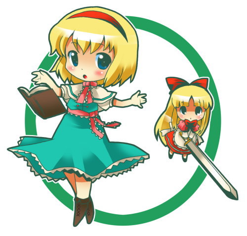 michii yuuki, alice margatroid, hourai doll, touhou, lowres, 1girl, :o, apron, blonde hair, blue dress, blue eyes, blunt bangs, blush, book, boots, bow, bowtie, capelet, chibi, dress, female focus, hair bow, hairband, lace-up boots, long hair, looking at viewer, necktie, red dress, sash, short hair, solo, standing, sword, very long hair, waist apron, weapon, white background