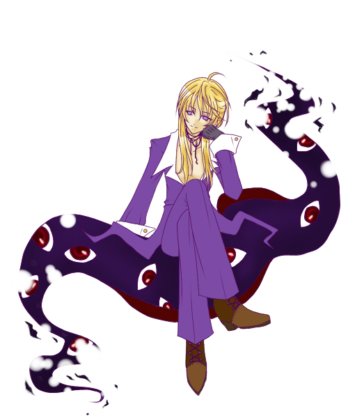 kisaragi you, yakumo yukari, touhou, non-web source, 1boy, black gloves, blonde hair, eyeball, fabulous, formal clothes, gap (touhou), genderswap, genderswap (ftm), gloves, male focus, sitting, solo, suit