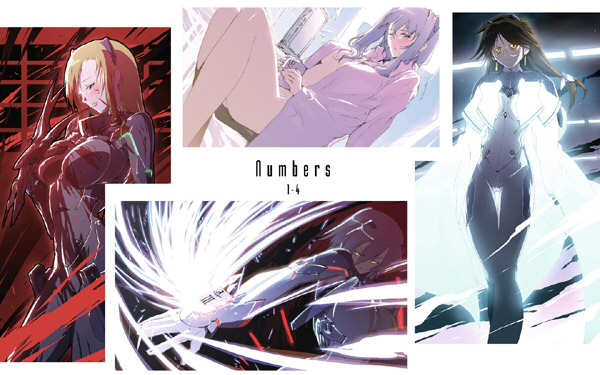 wadatsumi garland, due (nanoha), numbers (nanoha), quattro (nanoha), tre (nanoha), uno (nanoha), lyrical nanoha, mahou shoujo lyrical nanoha, mahou shoujo lyrical nanoha strikers, light purple hair, 00s, 4girls, ass, bare legs, black hair, brown hair, full body, groin, lab coat, long hair, long sleeves, lying, multiple girls, no bra, on back, open clothes, open shirt, sample watermark, shirt, short hair, standing, thighs, very long hair, watermark