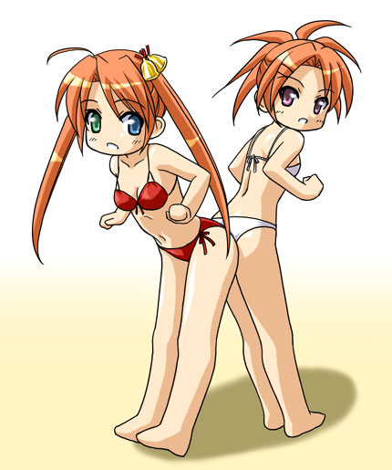 masakichi (crossroad), asakura kazumi, kagurazaka asuna, mahou sensei negima!, 00s, 2girls, ahoge, ass-to-ass, back-to-back, bell, bikini, blue eyes, chibi, green eyes, hair bell, hair ornament, heterochromia, multiple girls, ponytail, purple eyes, red bikini, shadow, string bikini, swimsuit, twintails, white bikini