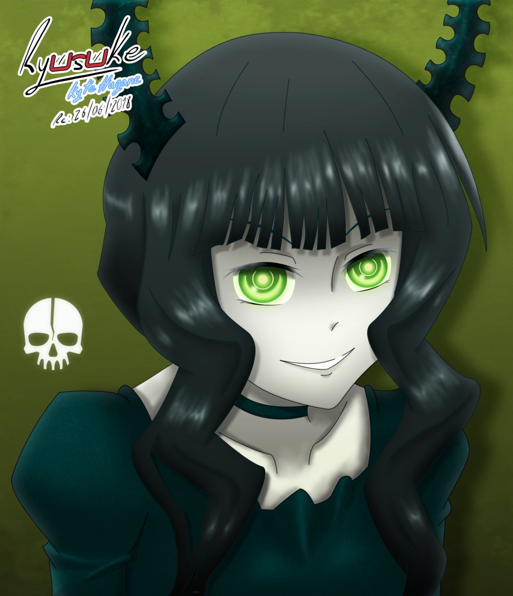 ryusuke kyte hagane, dead master, black rock shooter, highres, 1girl, 2018, artist name, black choker, black hair, black horns, choker, green eyes, horns, medium hair, pale skin, release date, skull, solo