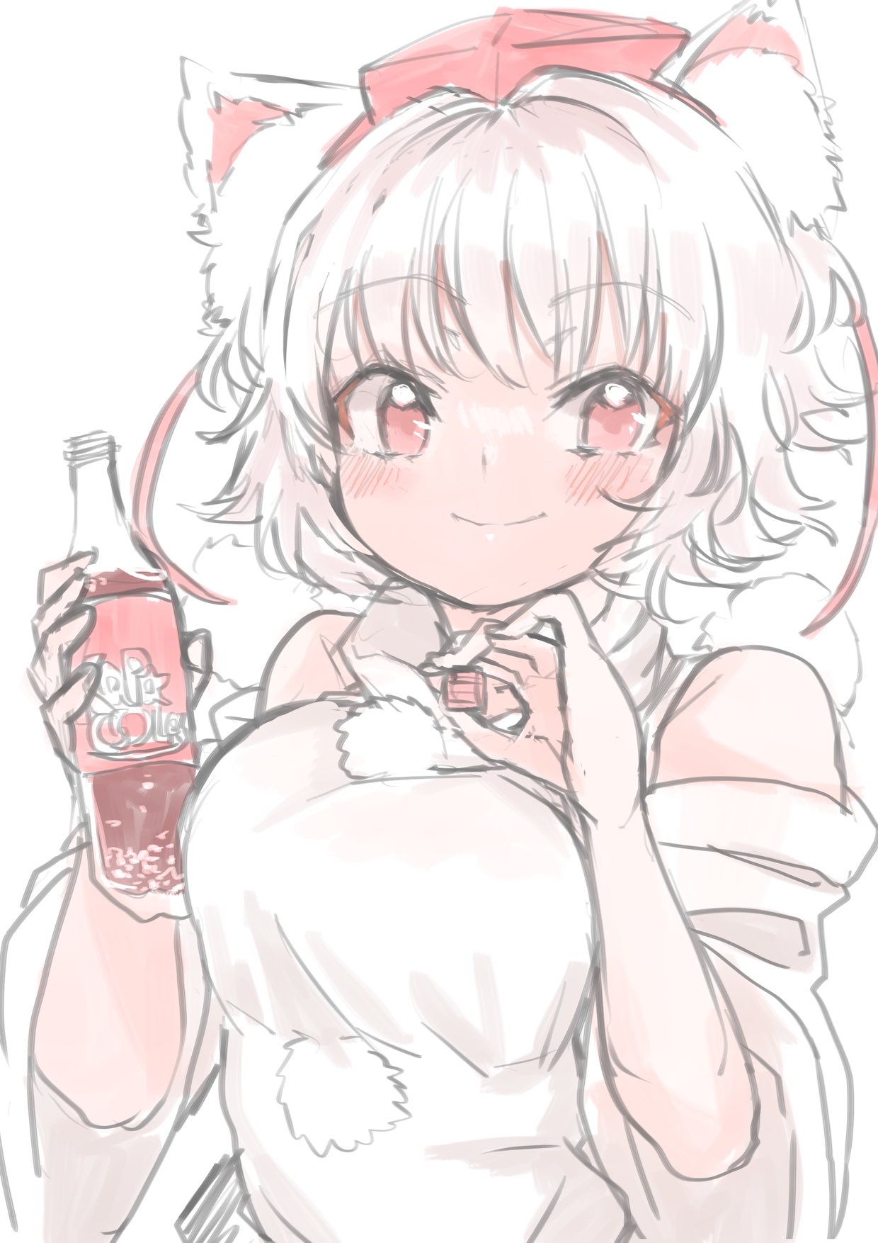 yoyoiro (sysi20), inubashiri momiji, touhou, commentary request, highres, 1girl, animal ear fluff, animal ears, arms up, black skirt, bottle, bottle cap, breasts, closed mouth, detached sleeves, english text, hat, holding, holding bottle, holding lid, large breasts, long sleeves, looking at viewer, messy hair, pom pom (clothes), red eyes, red hat, shirt, short hair, simple background, skirt, smile, soda bottle, solo, swept bangs, tokin hat, white background, white hair, white shirt, wide sleeves, wolf ears, wolf girl