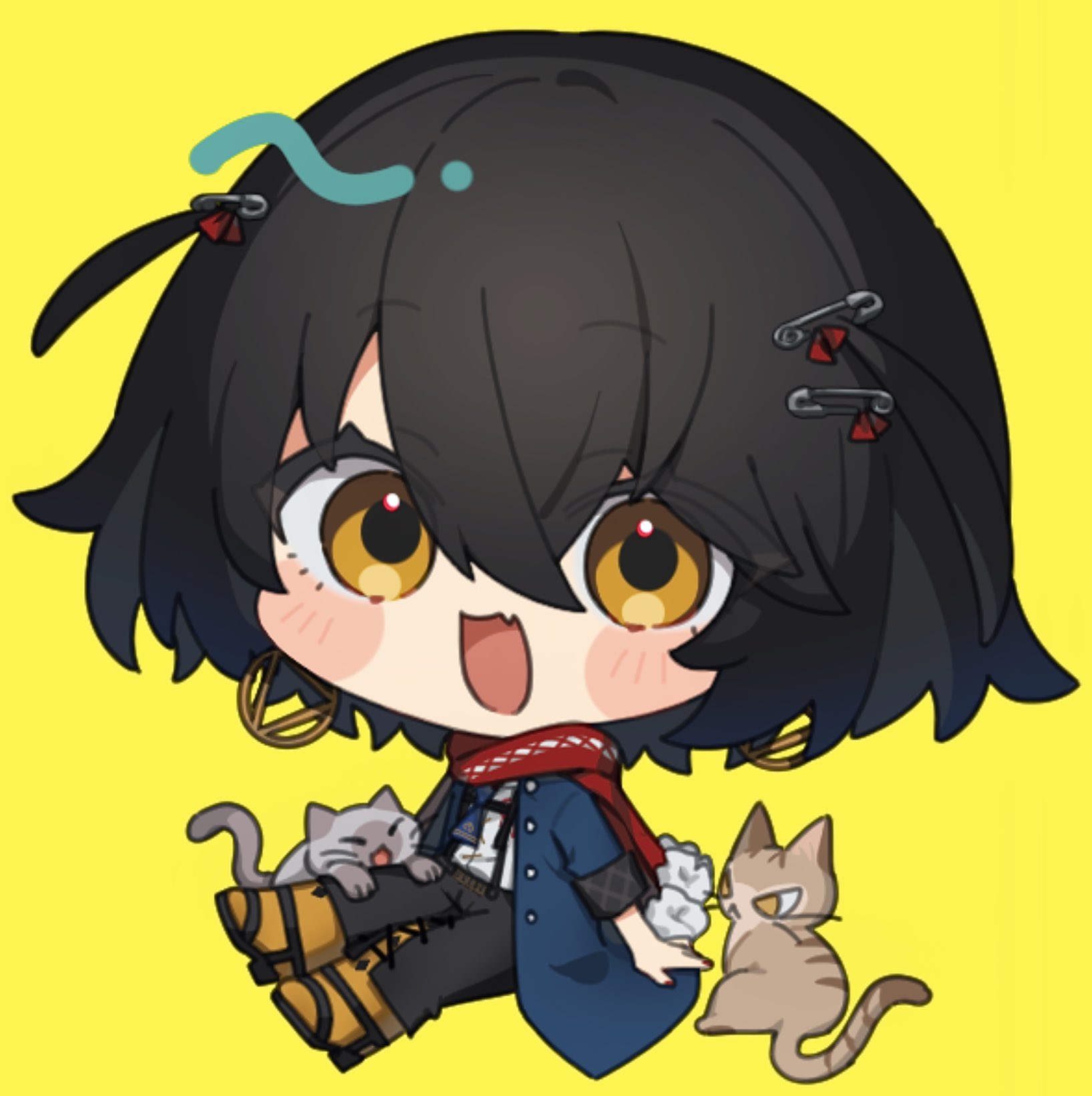ichi ithi, mashiro meme, mashiro meme (1st costume), nijisanji, highres, 1boy, black hair, black pants, blue coat, blush, cat, chibi, coat, earrings, fang, full body, hair between eyes, hair ornament, hairclip, jewelry, looking at viewer, male focus, open mouth, pants, red scarf, safety pin, scarf, shirt, short hair, simple background, sitting, skin fang, smile, solo, virtual youtuber, white shirt, yellow background, yellow eyes