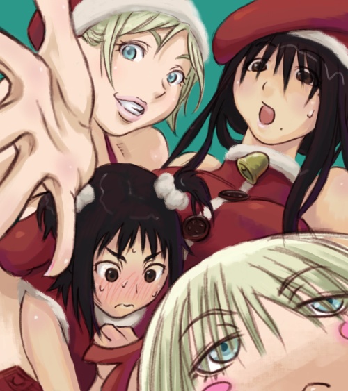 st-retcher, angela burton, ogiue chika, oono kanako, susanna hopkins, genshiken, 00s, 4girls, blush, christmas, embarrassed, lips, mole, mole under eye, multiple girls, santa costume, sweatdrop