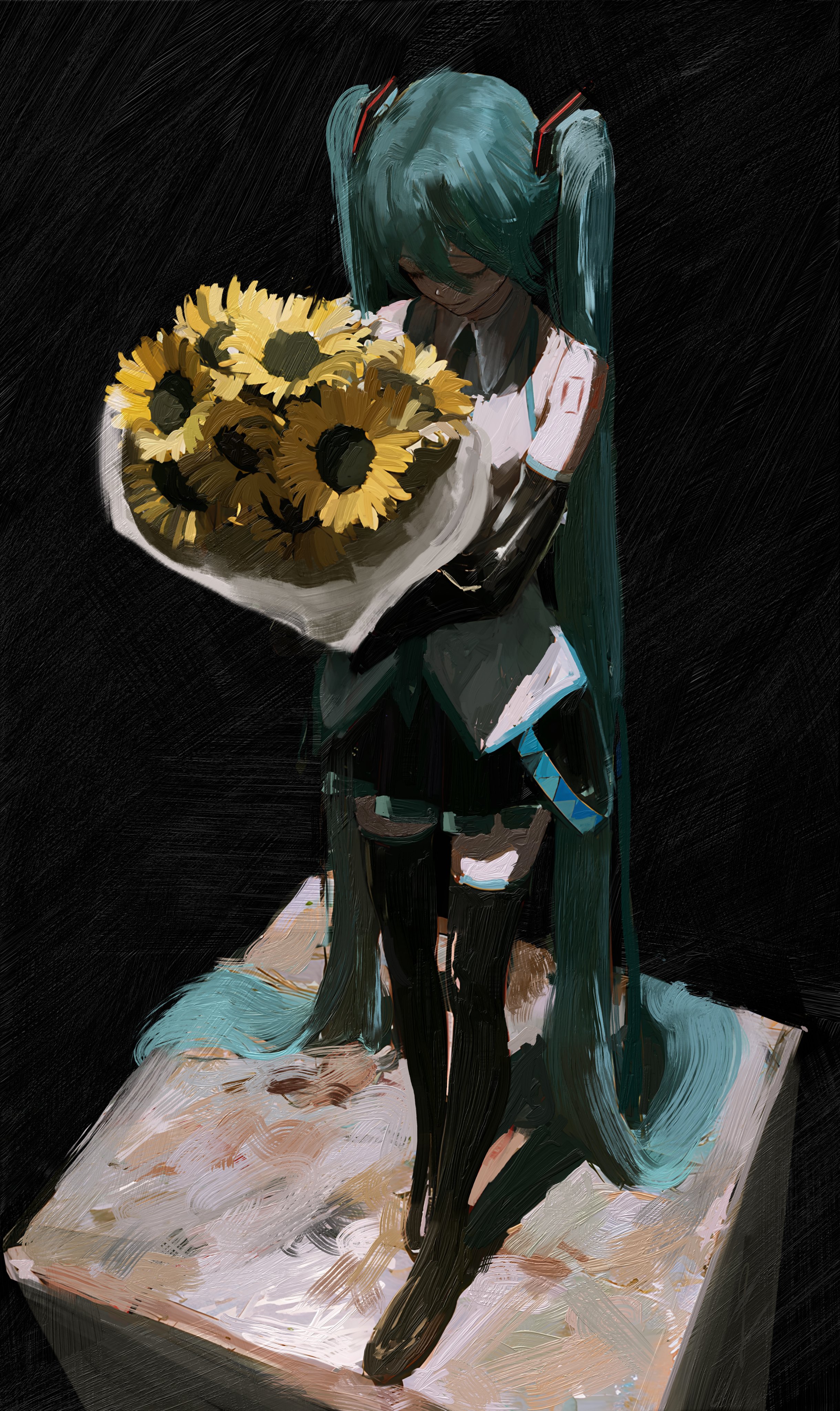 daodtt, hatsune miku, vocaloid, absurdres, highres, 1girl, absurdly long hair, aqua hair, aqua necktie, bare shoulders, black background, black skirt, black sleeves, black thighhighs, boots, bouquet, closed eyes, closed mouth, collared shirt, detached sleeves, flower, full body, grey shirt, hair ornament, holding, holding bouquet, holding flower, long hair, miniskirt, necktie, pleated skirt, shirt, shoulder tattoo, skirt, sleeveless, sleeveless shirt, solo, standing, sunflower, tattoo, thigh boots, thighhighs, twintails, very long hair, yellow flower, zettai ryouiki