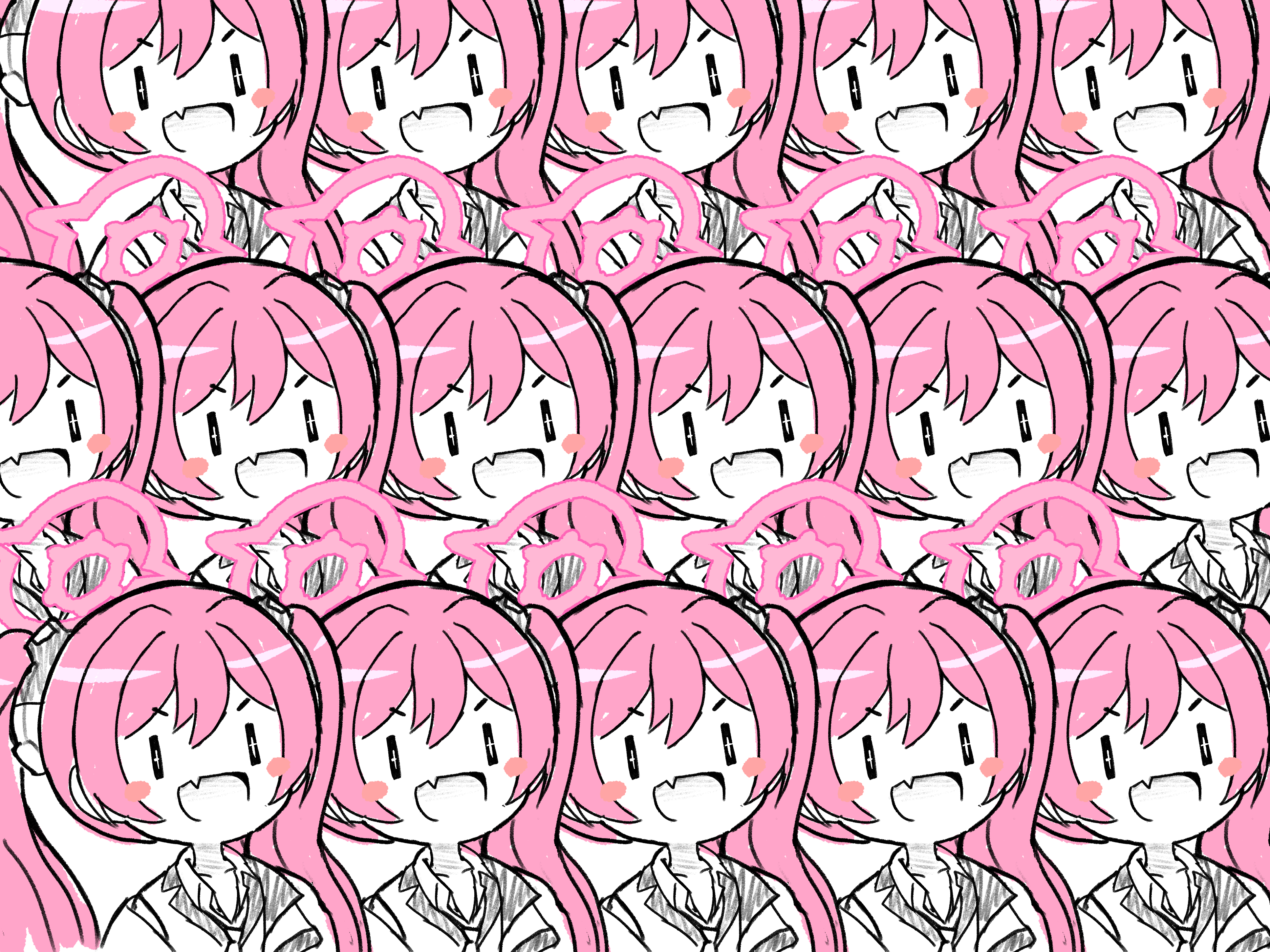 koyuki (blue archive), blue archive, absurdres, commentary, highres, 6+girls, :d, barid (rlackdgur98), blue archive 2025 hack, blush stickers, chibi, chibi only, collared shirt, fang, hair between eyes, halo, long hair, looking at viewer, multiple girls, open mouth, pink hair, pink halo, school uniform, shirt, sidelocks, sketch, skin fang, smile, twintails, upper body, v-shaped eyebrows, | |