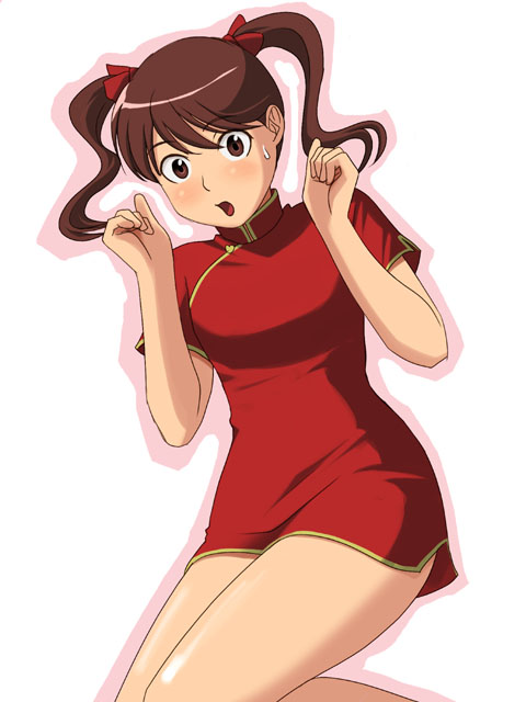 yizumi, 1girl, blush, china dress, chinese clothes, dress, female focus, solo, surprised, sweatdrop