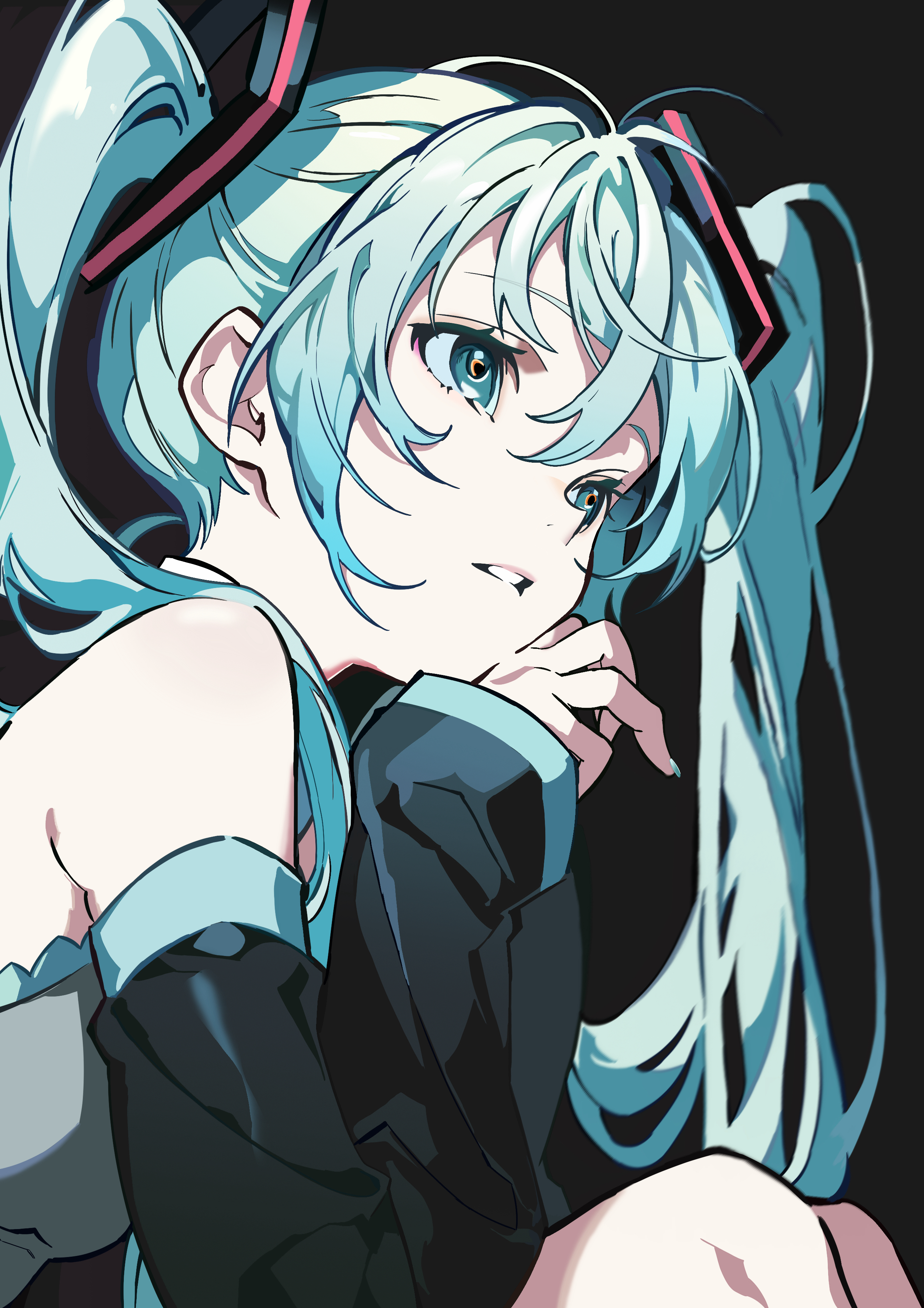 hatsutahaku, hatsune miku, vocaloid, absurdres, highres, 1girl, black background, black sleeves, blue eyes, blue hair, blue nails, detached sleeves, floating headgear, from side, grey shirt, hair between eyes, hair ornament, headgear, long hair, nail polish, parted lips, shirt, simple background, sitting, sleeveless, sleeveless shirt, solo, twintails