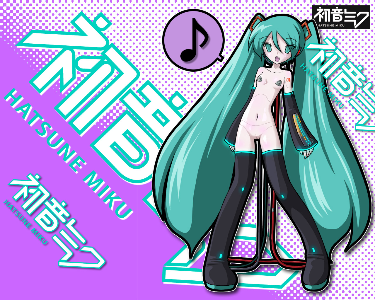 aoba (aunana), hatsune miku, vocaloid, 1girl, aqua hair, character name, cleft of venus, detached sleeves, doll joints, fang, female focus, joints, long hair, nude, pasties, pussy, solo, thighhighs, twintails, very long hair