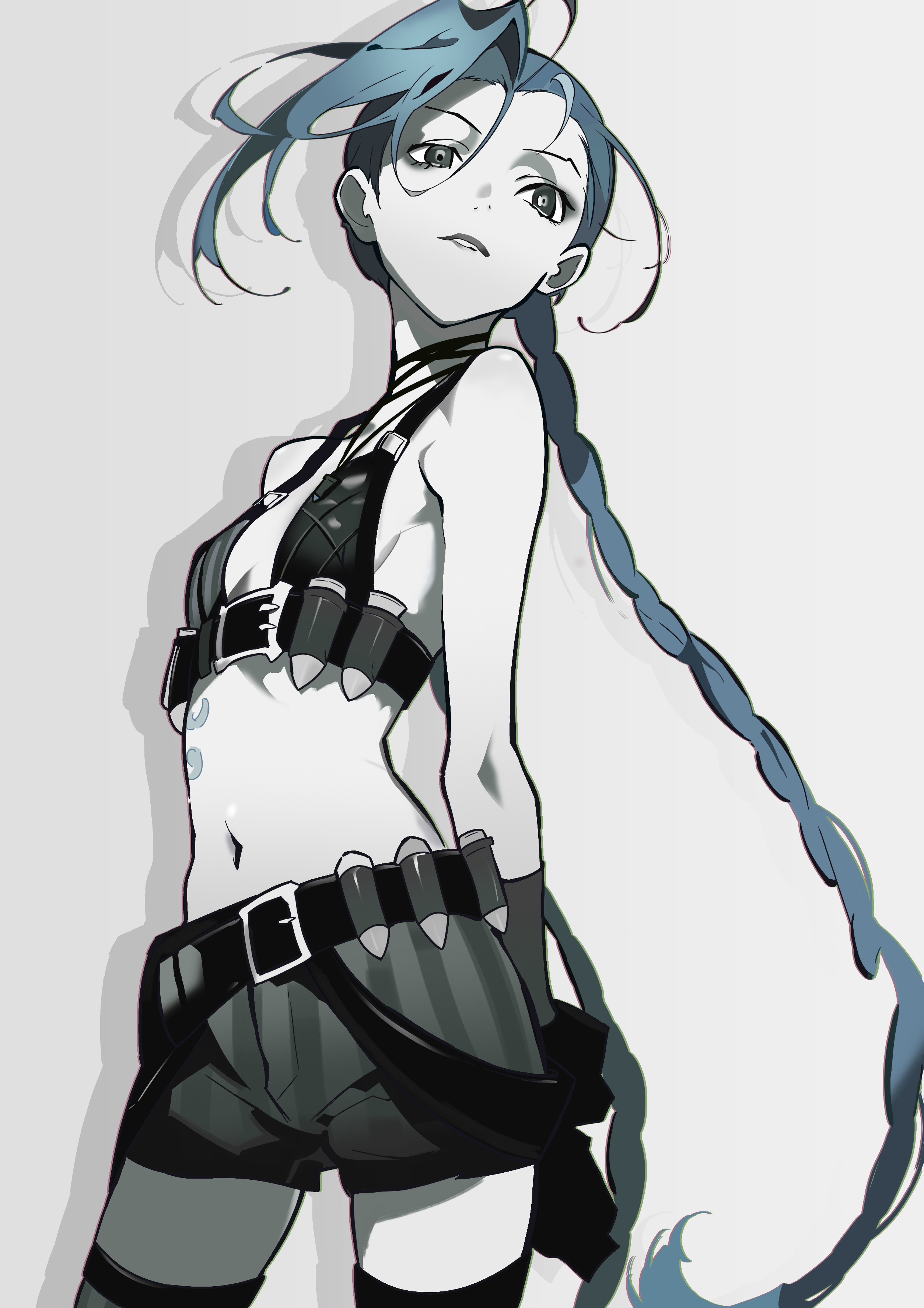 hatsutahaku, jinx (league of legends), league of legends, absurdres, highres, 1girl, arms behind back, asymmetrical bangs, asymmetrical clothes, black bra, black ribbon, black shorts, blue hair, bra, braid, braided ponytail, breasts, choker, cleavage, contrapposto, cowboy shot, floating hair, grey background, grey eyes, grey thighhighs, limited palette, long hair, midriff, navel, parted lips, ribbon, ribbon choker, shadow, short shorts, shorts, sideboob, single braid, small breasts, solo, standing, stomach, thighhighs, underwear, very long hair, zettai ryouiki