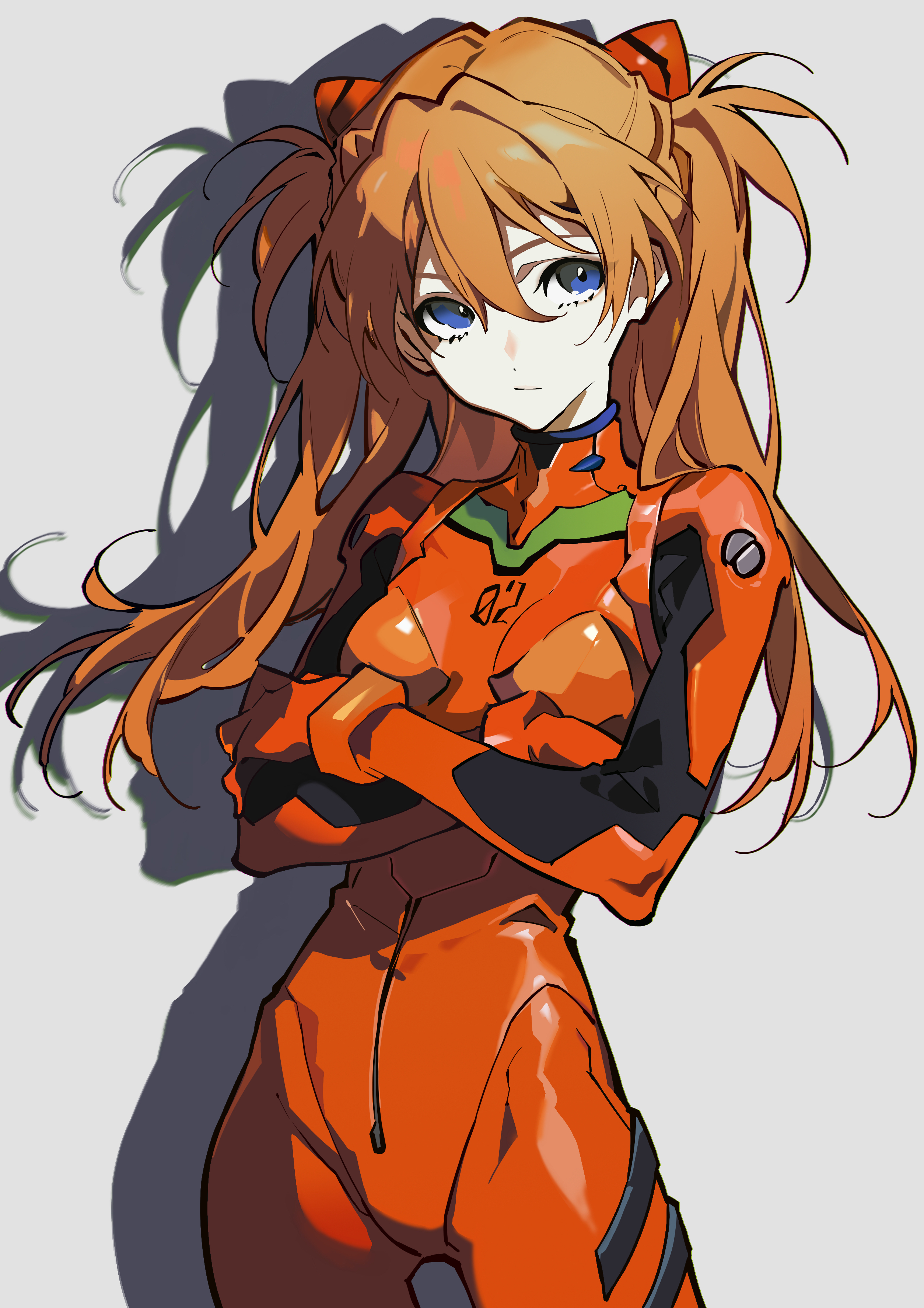 hatsutahaku, souryuu asuka langley, neon genesis evangelion, absurdres, highres, 1girl, blue eyes, bodysuit, breasts, brown hair, closed mouth, cowboy shot, crossed arms, eyebrows hidden by hair, floating hair, grey background, hair between eyes, hair intakes, headgear, long hair, mecha pilot suit, plugsuit (evangelion), red bodysuit, shadow, small breasts, solo, standing