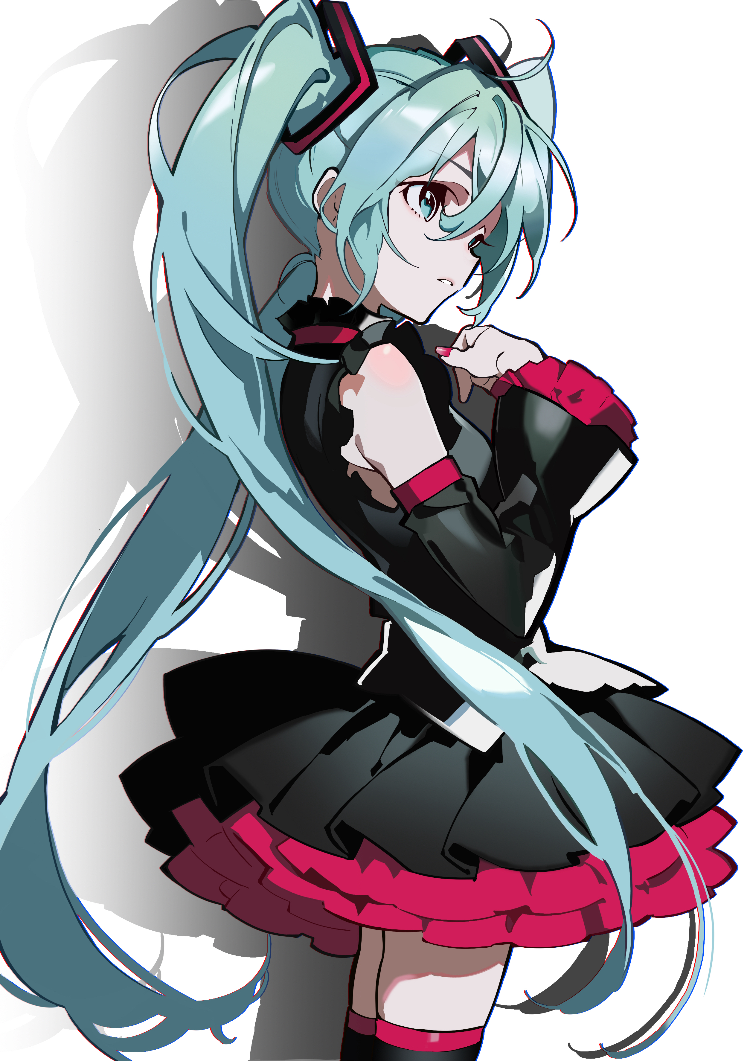 hatsutahaku, hatsune miku, vocaloid, absurdres, highres, 1girl, black shirt, black skirt, black sleeves, black thighhighs, blue eyes, blue hair, cowboy shot, detached sleeves, floating hair, floating headgear, from side, hair between eyes, hair intakes, headgear, layered skirt, long hair, miniskirt, nail polish, parted lips, profile, red nails, red skirt, red trim, shadow, shirt, simple background, skirt, sleeveless, sleeveless shirt, solo, standing, thighhighs, twintails, two-tone skirt, very long hair, white background, zettai ryouiki