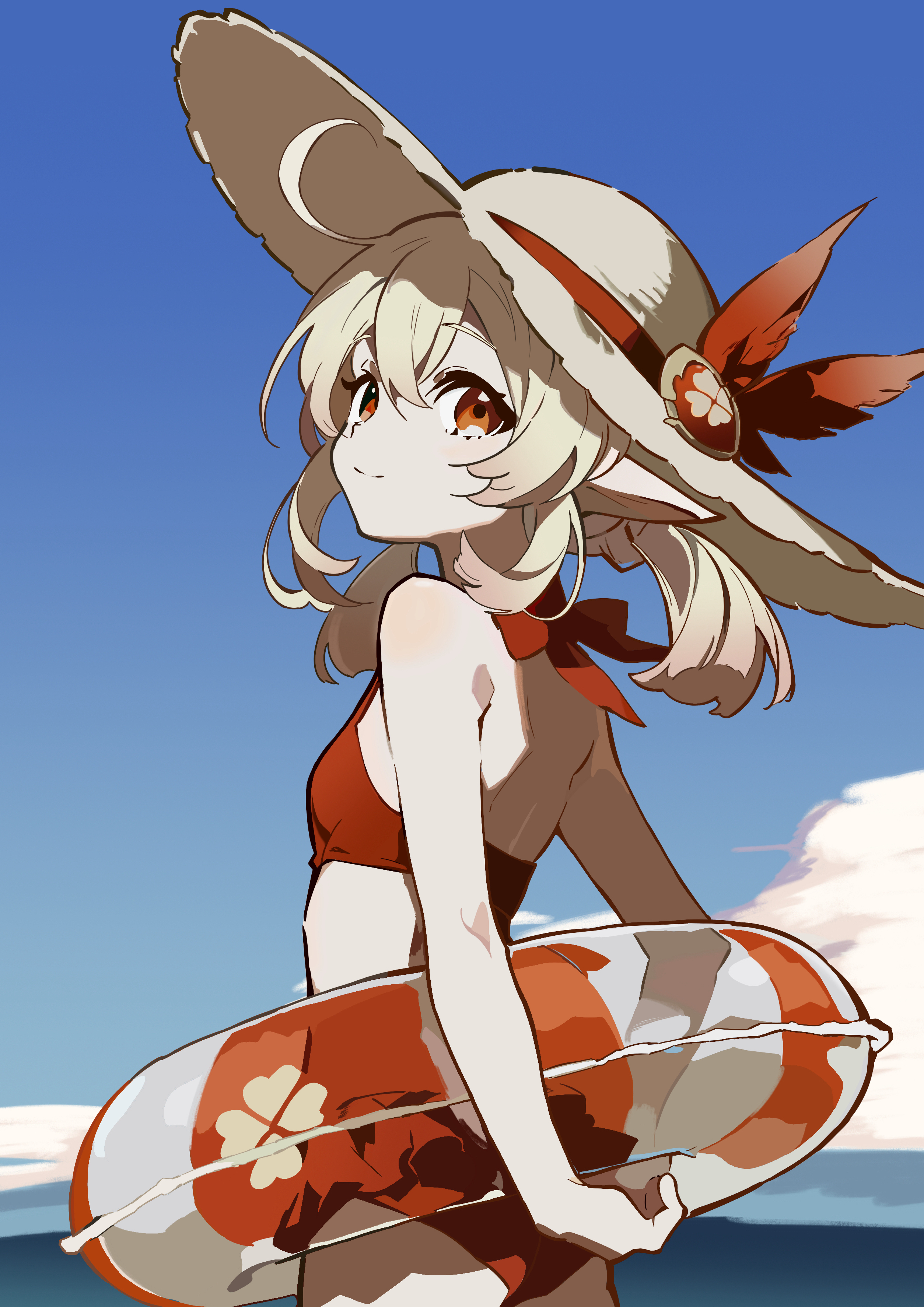 hatsutahaku, klee (genshin impact), genshin impact, absurdres, highres, 1girl, arms behind back, bare arms, bikini, blonde hair, breasts, closed mouth, crossed bangs, day, feathers, from side, hair between eyes, hat, hat feather, hat ribbon, innertube, long hair, outdoors, pointy ears, red bikini, red eyes, red feathers, red ribbon, ribbon, small breasts, smile, solo, standing, straw hat, sun hat, swim ring, swimsuit, white hat