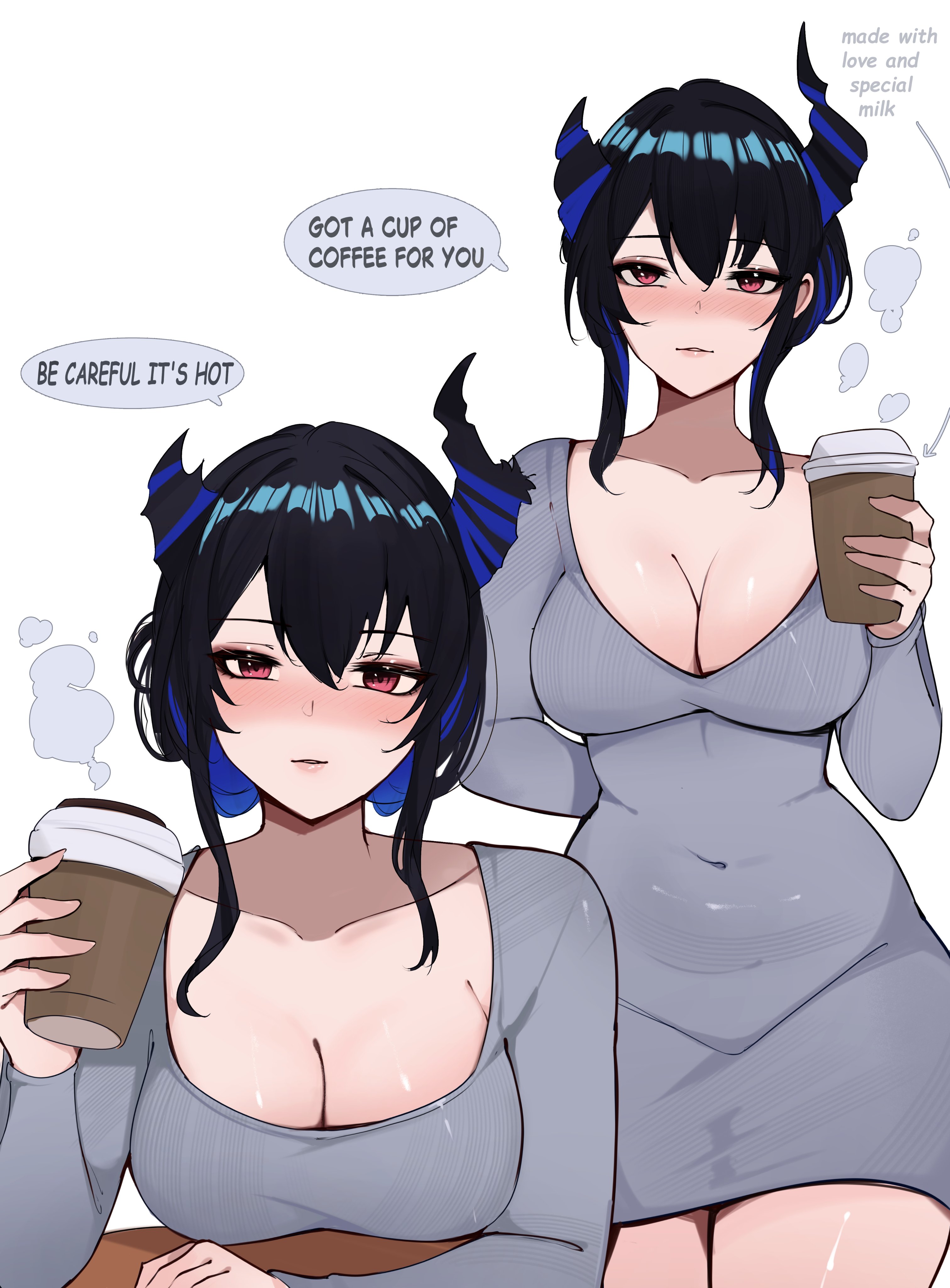 meeko illus, nerissa ravencroft, hololive, hololive english, absurdres, highres, 1girl, black hair, blue hair, blush, breasts, cleavage, coffee, covered navel, cup, disposable coffee cup, disposable cup, dongtan dress, dress, grey dress, hair between eyes, hair bun, holding, holding cup, horns, large breasts, multicolored hair, parted lips, red eyes, sidelocks, solo, two-tone hair