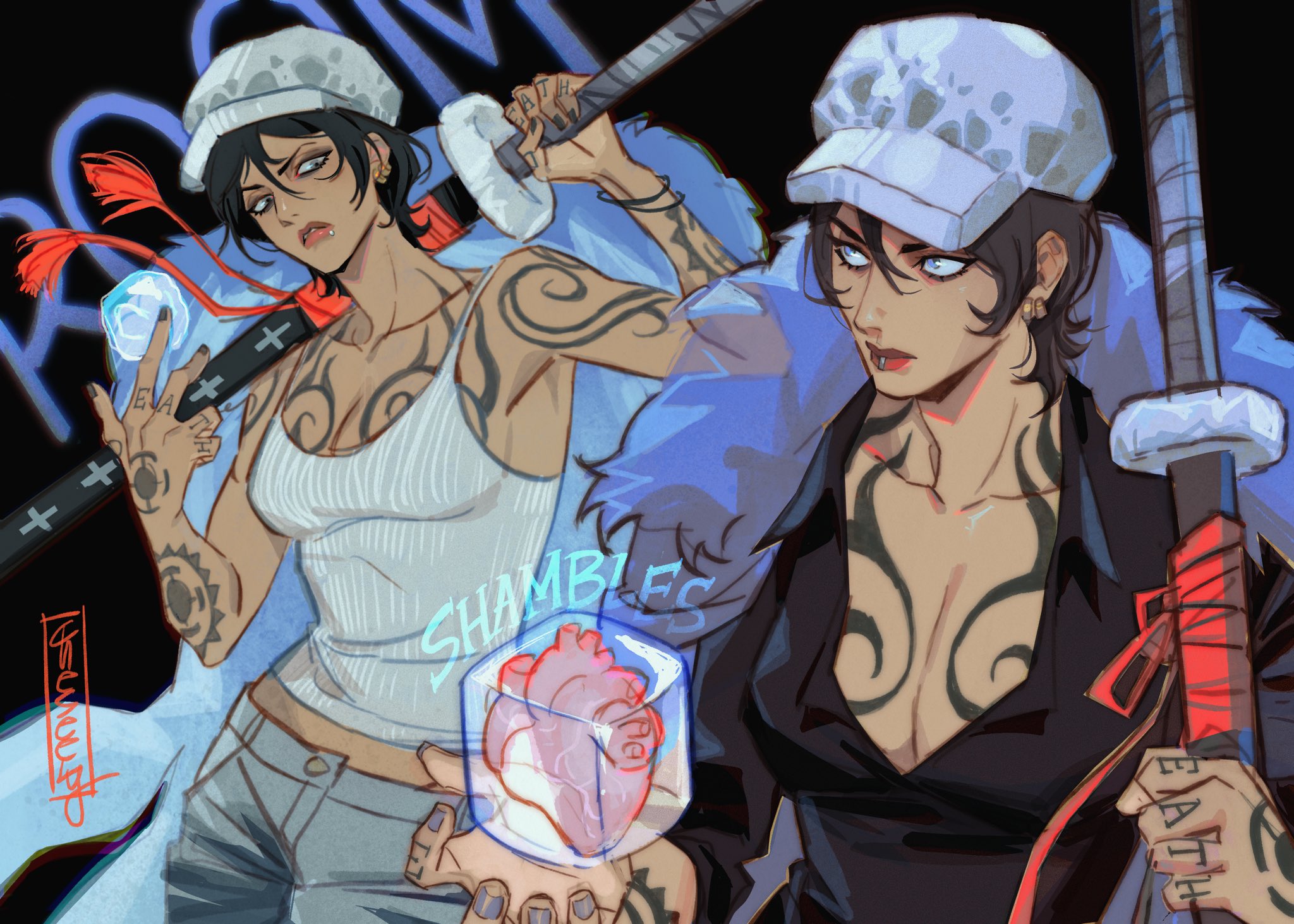 cheseely, law-chan, trafalgar law, one piece, commentary, highres, 1girl, arm tattoo, black background, black hair, black nails, blue cape, blue eyes, camisole, cape, chest tattoo, earrings, face piercing, fur-trimmed cape, fur trim, genderswap, genderswap (mtf), hair between eyes, hand tattoo, hat, holding, holding sword, holding weapon, jewelry, looking at viewer, mouth piercing, multiple views, piercing, red lips, sword, tattoo, weapon