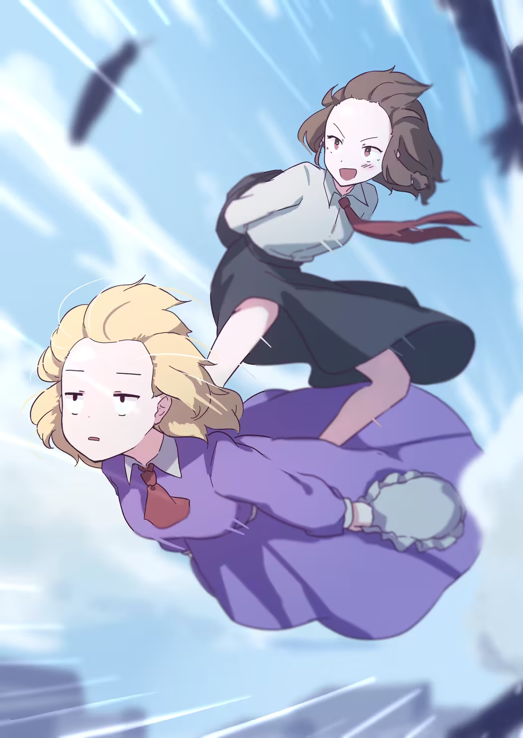 t-hou, maribel hearn, usami renko, dragon ball, dragon ball (classic), touhou, highres, 2girls, bird, black skirt, blonde hair, brown hair, cloud, flying, hat, mob cap, motion lines, multiple girls, parody, shirt, skirt, sky, speed lines, standing on another's back, unworn hat, unworn headwear, white shirt