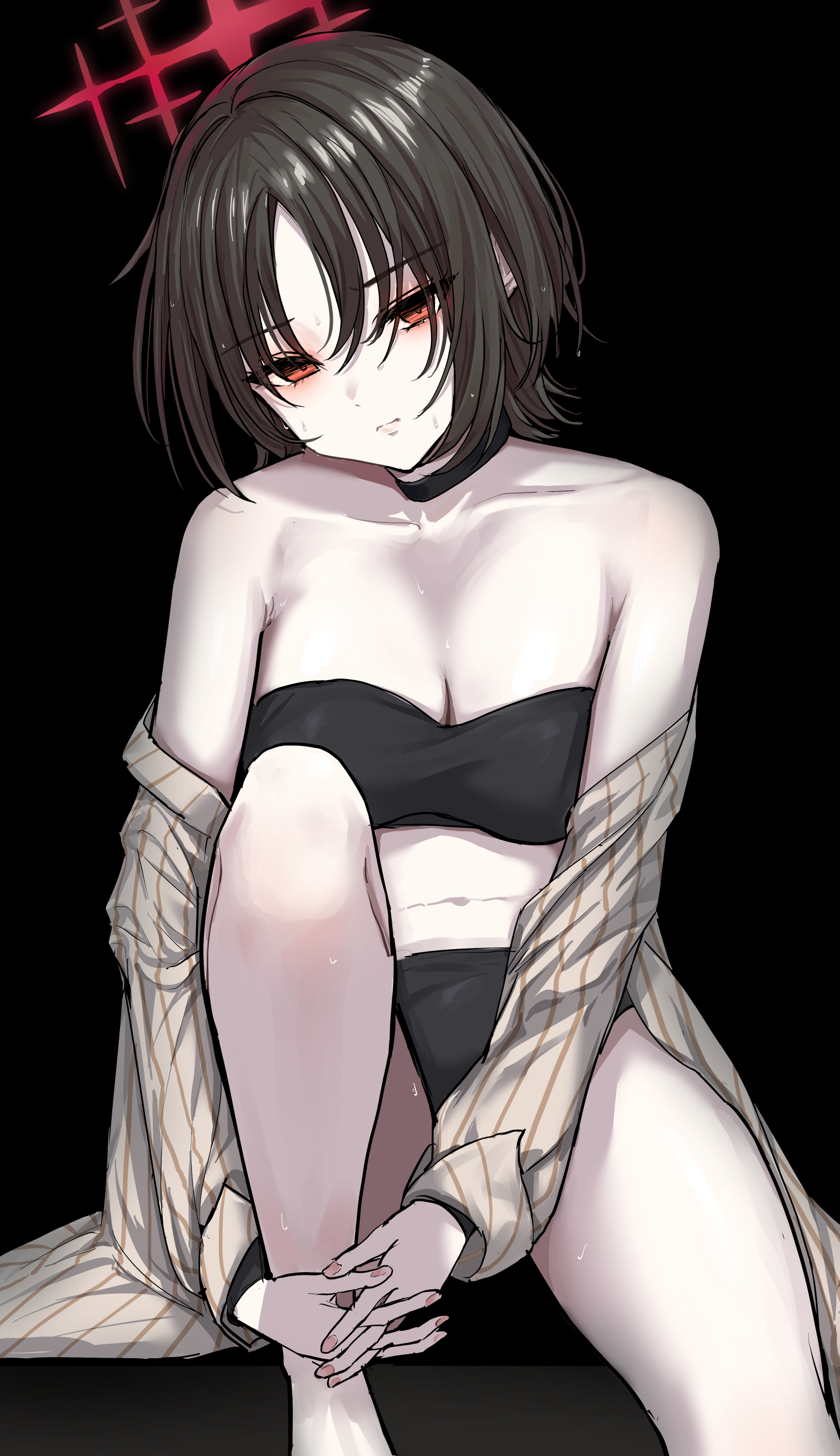 yatsuka mirin, misaki (blue archive), misaki (swimsuit) (blue archive), blue archive, absurdres, highres, 1girl, bare legs, bare shoulders, bikini, black background, black bikini, black hair, breasts, brown shirt, choker, cleavage, halo, head tilt, looking at another, official alternate costume, own hands together, pinstripe pattern, red eyes, red halo, shirt, short hair, simple background, solo, swimsuit