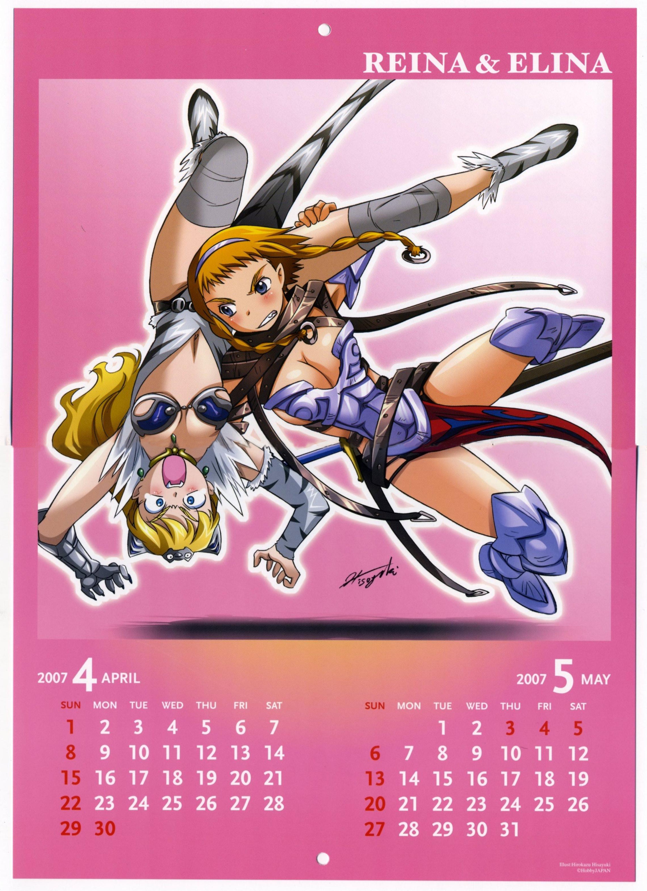 hisayuki hirokazu, captain of the royal guard elina, elina (queen's blade), exiled warrior leina, leina (queen's blade), queen's blade, absurdres, highres, official art, 00s, 2girls, armor, ass, belt, blonde hair, blue eyes, buckle, calendar, disgust, multiple girls, revealing clothes, siblings, sisters, thong, wide hips, wrestling