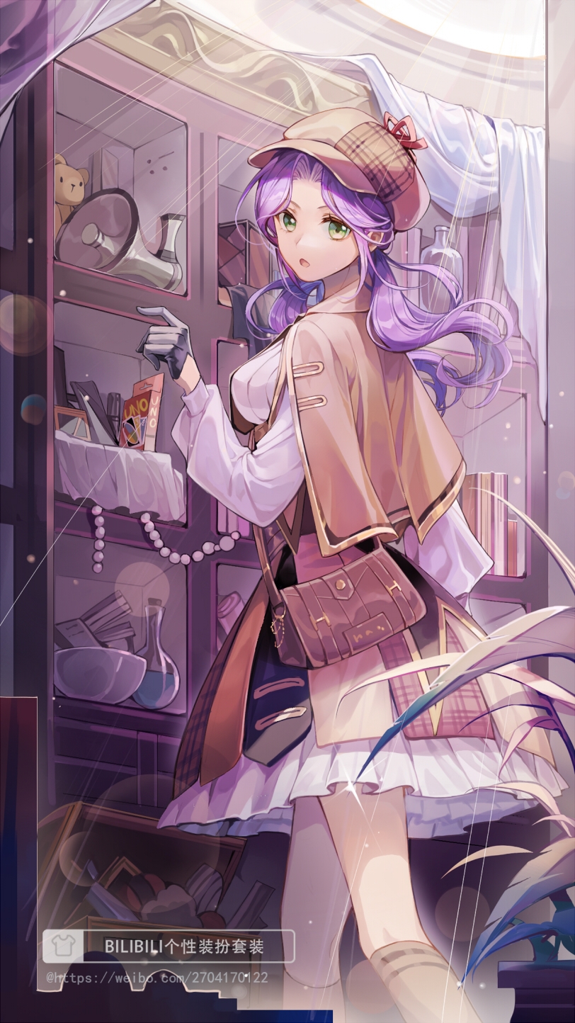 zukiyn, original, uno (game), highres, 1girl, arm at side, bag, black gloves, book, bottle, box, breasts, brown capelet, brown hat, brown necktie, brown skirt, brown socks, capelet, chestnut mouth, curtained hair, detective, feet out of frame, flask, frilled skirt, frills, from side, gloves, green eyes, half gloves, hand up, hat, kneehighs, lens flare, light particles, long hair, long sleeves, looking at viewer, looking to the side, low twintails, medium breasts, medium skirt, megaphone, mortar (bowl), multicolored skirt, necktie, newsboy cap, open mouth, parted bangs, pestle, plaid clothes, plaid hat, plaid skirt, plant, potted plant, purple hair, round-bottom flask, shelf, shirt, shoulder bag, skirt, socks, solo, standing, stuffed animal, stuffed toy, sunlight, teddy bear, treasure chest, twintails, white shirt