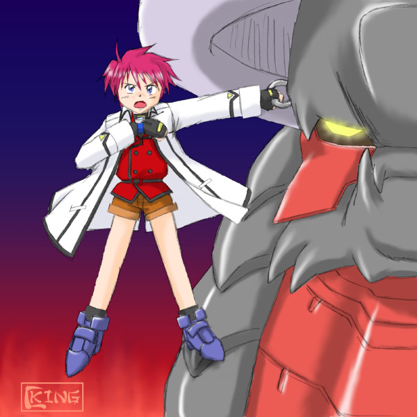 erio mondial, strada, voltaire (nanoha), giant robo, lyrical nanoha, mahou shoujo lyrical nanoha, mahou shoujo lyrical nanoha strikers, 1boy, bad anatomy, black gloves, brown hair, coat, dragon, fingerless gloves, full body, gloves, holding, holding weapon, hook, legs apart, long sleeves, looking at viewer, magical boy, male focus, oekaki, open clothes, open coat, parody, pink hair, poorly drawn, shoes, standing, watch, weapon, wristwatch