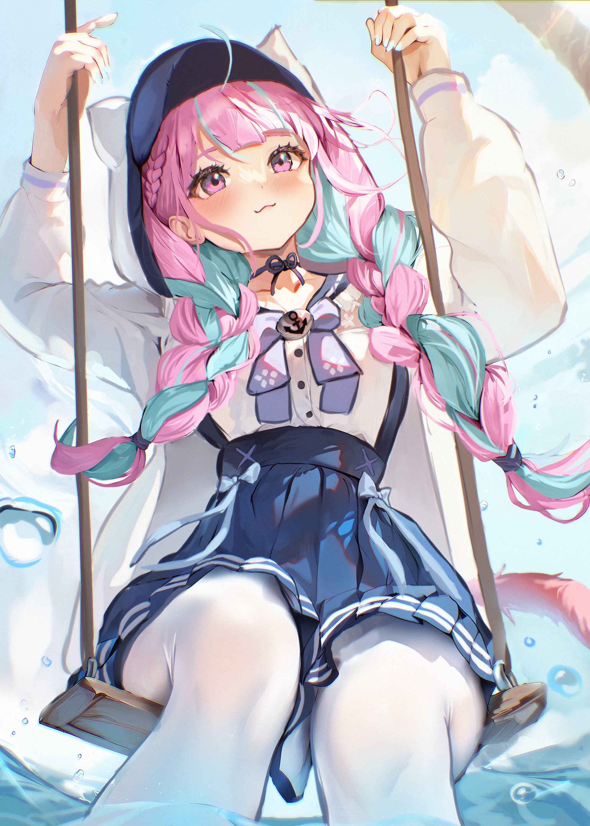 klopsiak, minato aqua, minato aqua (sailor), hololive, absurdres, commentary, english commentary, highres, 1girl, :3, anchor print, aqua hair, aqua nails, arms up, baseball cap, blue bow, blue hat, blue ribbon, blue sailor collar, blue skirt, blue sky, blush, bow, braid, breasts, cat tail, closed mouth, collarbone, colored inner hair, day, fingernails, hair tie, hat, hood, hoodie, long hair, long sleeves, looking up, multicolored hair, nail polish, neck ribbon, on swing, pantyhose, pink eyes, pink hair, pink tail, pleated skirt, ribbon, sailor collar, shirt, skirt, sky, smile, solo, streaked hair, suspender skirt, suspenders, swing, tail, thighs, tree, twin braids, twintails, two-tone hair, virtual youtuber, water, white hoodie, white pantyhose, white shirt