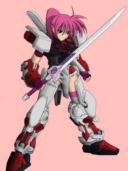gundam astray red frame, laevatein (nanoha), signum, gundam, gundam seed, gundam seed astray, lyrical nanoha, mahou shoujo lyrical nanoha, mahou shoujo lyrical nanoha a's, armor, blue eyes, mecha, mecha musume, parody, pink hair, ponytail, robot, sword, weapon, whip sword