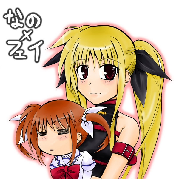 fate testarossa, takamachi nanoha, lyrical nanoha, mahou shoujo lyrical nanoha, mahou shoujo lyrical nanoha a's, mahou shoujo lyrical nanoha strikers, 00s, 2girls, = =, annoyed, arm belt, black dress, blonde hair, bow, bowtie, brown hair, buckle, chibi, dress, long hair, magical girl, multiple girls, red bow, red bowtie, sidelocks, simple background, sleeveless, sleeveless dress, twintails, very long hair, white background