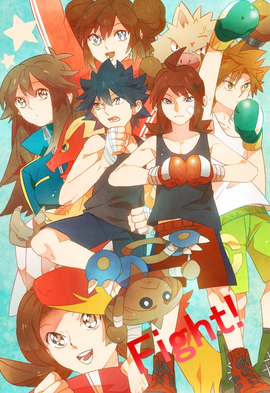 blaziken, blue oak, falkner (pokemon), green (pokemon), hitmontop, lyra (pokemon), primeape, rosa (pokemon), silver (pokemon), nintendo, pokemon, pokemon gsc, armlet, bandaid, bandaid on face, black hair, black tank top, blue background, blue eyes, blue pants, boxing gloves, boxing shorts, brown eyes, brown hair, double bun, english text, gen 1 pokemon, gen 2 pokemon, gen 3 pokemon, gym uniform, hair bun, jewelry, kickboxing, kicking, long hair, monsteratogamel, pants, pokemon (creature), red hair, shoes, shorts, smile, sneakers, spiked hair, star (symbol), star in eye, symbol in eye, tank top, toned, toned male, white tank top, yellow eyes, zipper, zipper pull tab