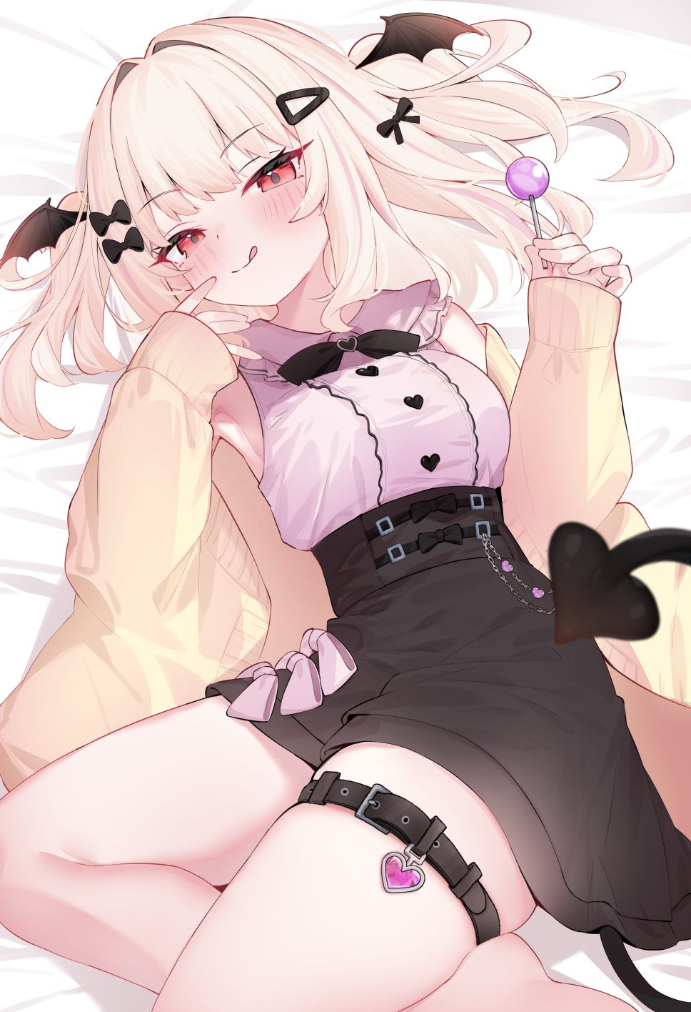 eip (pepai), highres, 1girl, bat wings, blonde hair, blush, bow, candy, cardigan, food, holding, holding candy, holding food, holding lollipop, lollipop, looking at viewer, open cardigan, open clothes, red eyes, tail, thigh strap, wings