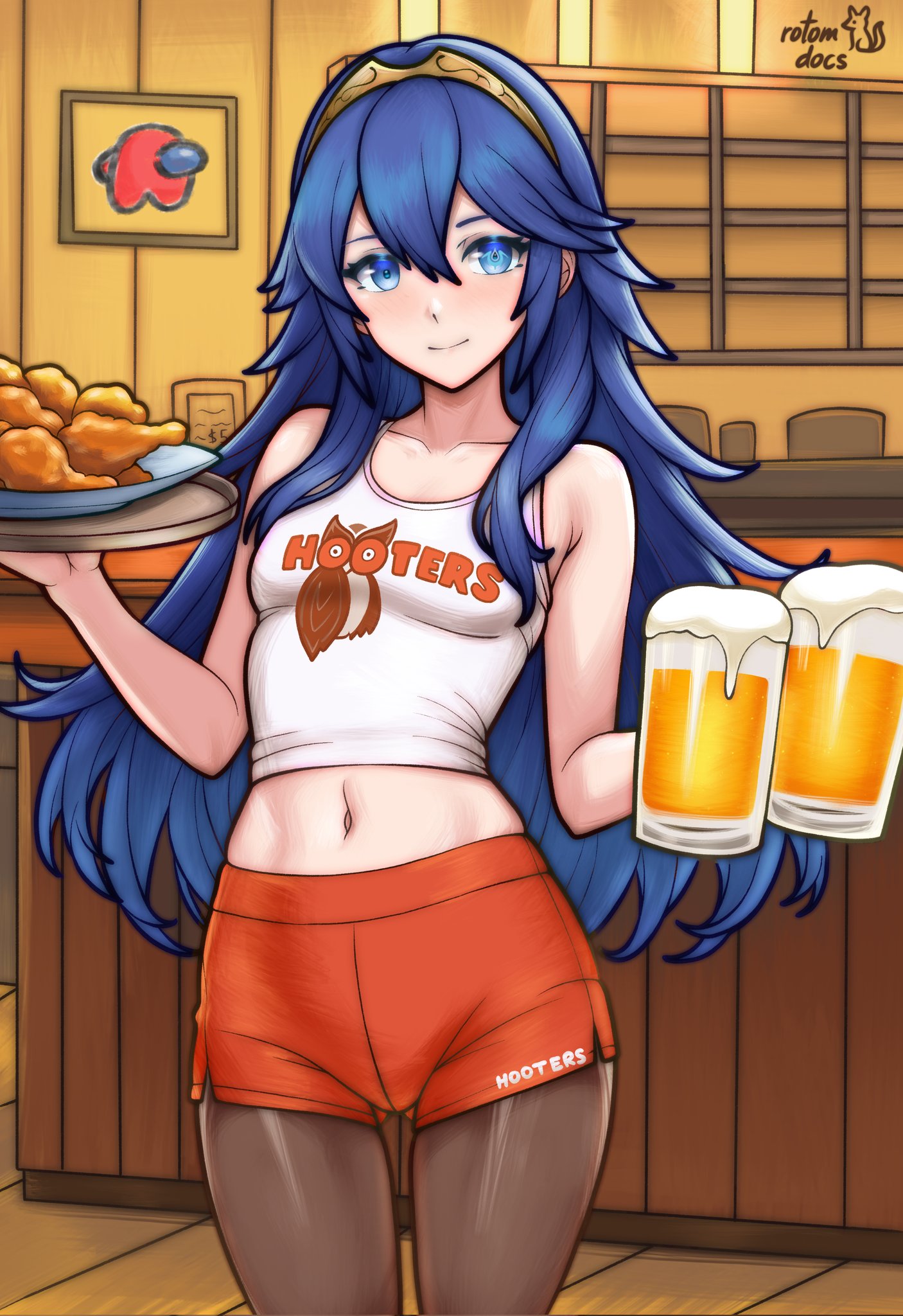 rotomdocs, crewmate (among us), lucina (fire emblem), red (among us), among us, fire emblem, fire emblem awakening, hooters, nintendo, highres, 1girl, alcohol, alternate costume, beer, beer mug, blue eyes, blue hair, brand of the exalt, breasts, chicken wing, cup, gluteal fold, indoors, long hair, looking at viewer, midriff, mug, navel, pantyhose, pantyhose under shorts, shorts, small breasts, smile, solo, tank top, tiara, very long hair, waitress
