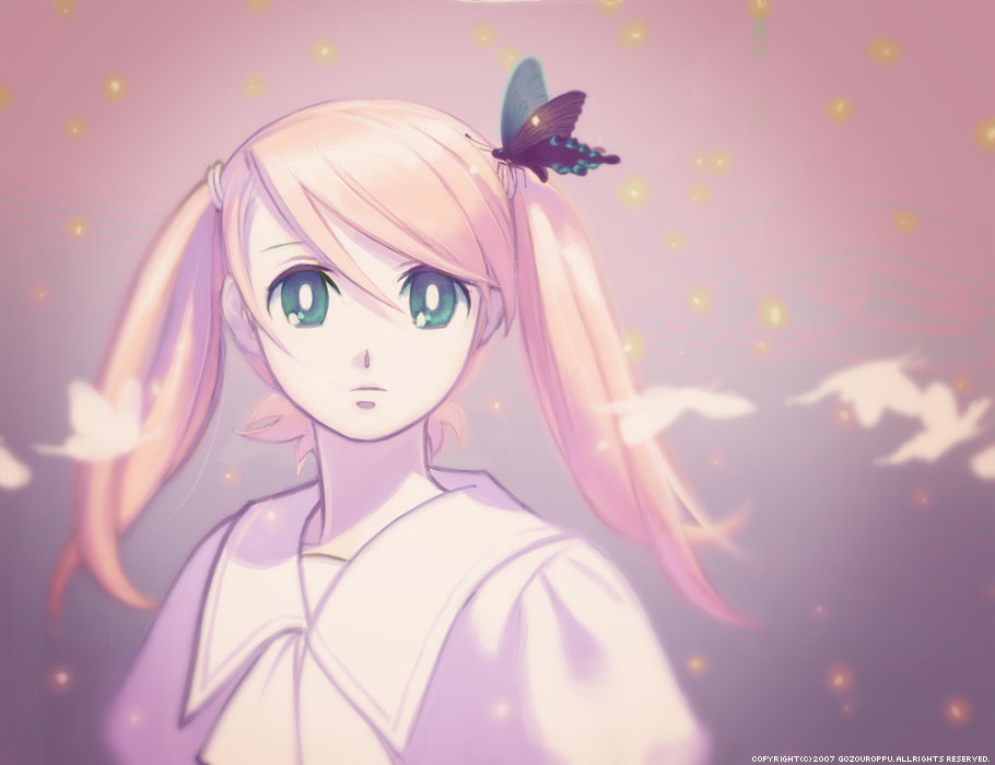 gozou roppu, original, 1girl, blue eyes, blurry, bug, butterfly, depth of field, female focus, insect, solo, twintails