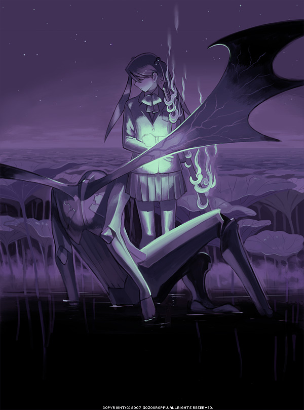 gozou roppu, original, 00s, 1girl, 2007, dark, miniskirt, monochrome, outdoors, purple theme, shallow water, skirt, smoke, standing, star (sky), sword, wading, water, weapon, wings