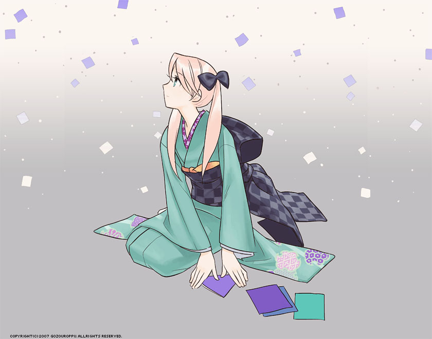 gozou roppu, blonde hair, bow, confetti, green eyes, hair bow, japanese clothes, kimono, kneeling, seiza, sitting, solo, twintails, yokozuwari