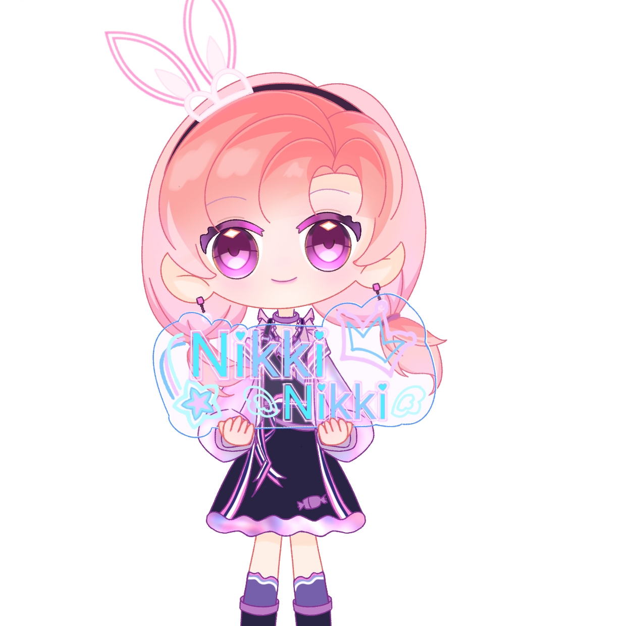 nikki (nikki), infinity nikki, nikki (series), highres, 1girl, animal ear hairband, animal ears, ankle socks, black boots, black dress, black hairband, blunt bangs, boots, character name, cheering heartbeat (infinity nikki), chibi, choker, colored eyelashes, dress, duominuosu, earrings, fake animal ears, hairband, happy, holding, holding sign, jewelry, long hair, long sleeves, looking at viewer, low twintails, medium5, official alternate color, parted bangs, pinafore dress, pink hair, puffy long sleeves, puffy sleeves, purple choker, purple eyes, purple shirt, purple socks, rabbit ear hairband, rabbit ears, shirt, short twintails, sign, simple background, sleeveless, sleeveless dress, socks, solo, standing, star (symbol), straight-on, twintails, white background