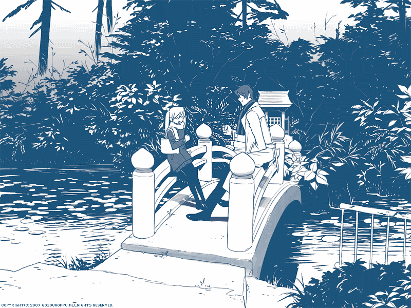 gozou roppu, original, 1boy, 1girl, blue theme, bridge, garden, monochrome, shrine
