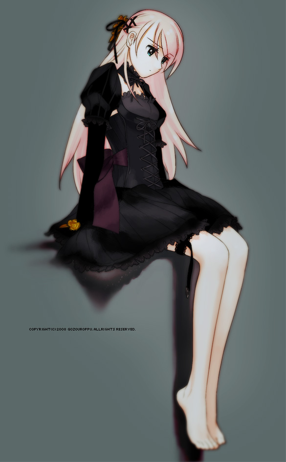gozou roppu, 1girl, barefoot, black dress, corset, dress, feet, female focus, full body, legs, long hair, solo