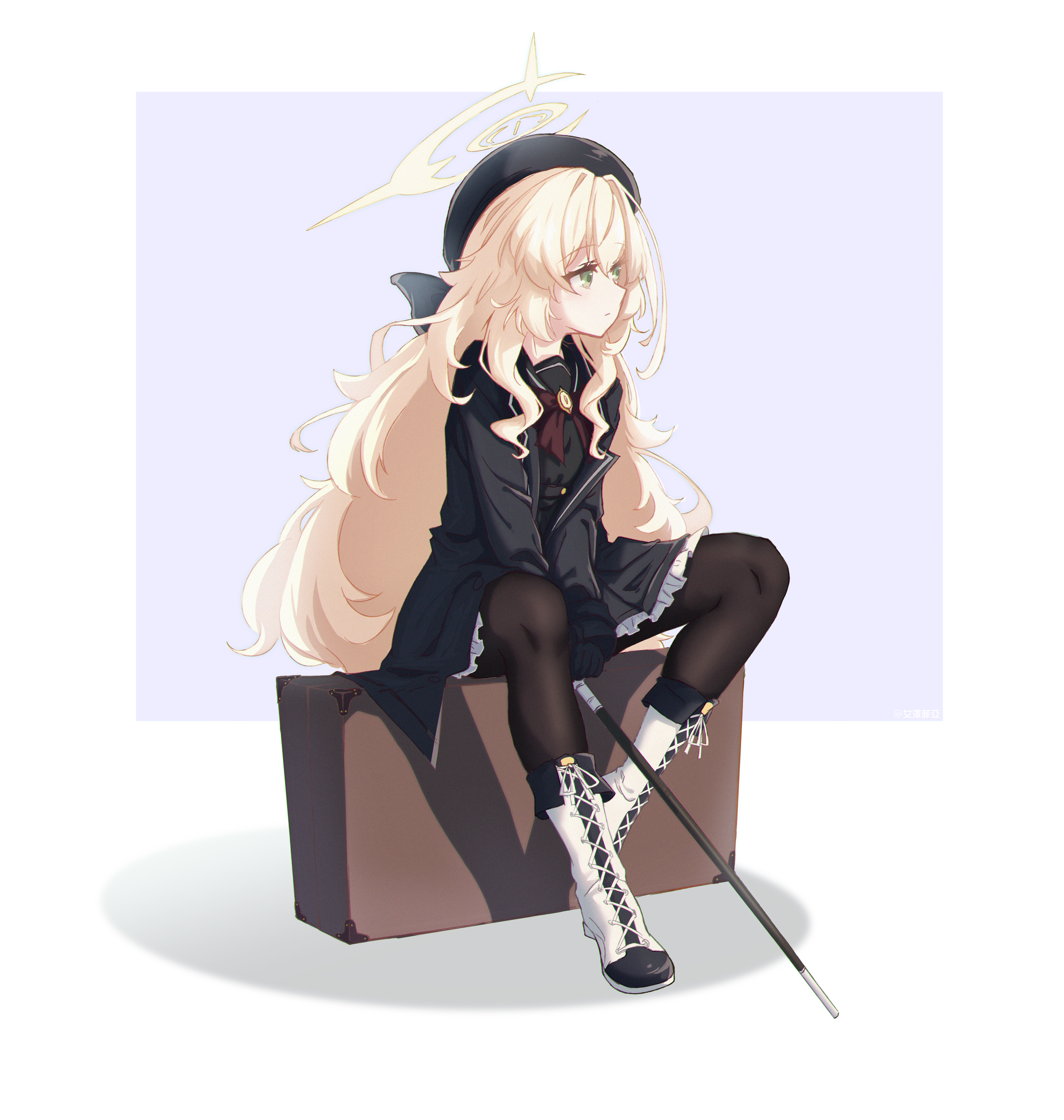 emu lostwind, professor niyaniya (blue archive), blue archive, fluffy hair, absurdres, commentary request, highres, 1girl, beret, black coat, black gloves, black hat, black pantyhose, black sailor collar, blonde hair, boots, bow, bowtie, briefcase, cane, coat, expressionless, gloves, green eyes, halo, hat, holding, holding cane, knee boots, long hair, looking afar, open clothes, open coat, pantyhose, red bow, red bowtie, sailor collar, simple background, sitting, sitting on object, solo, white background, white boots, yellow halo