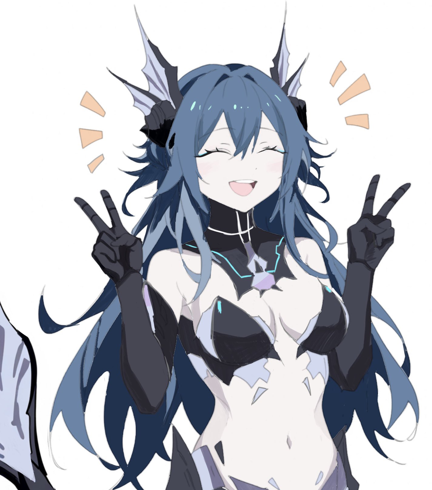 pucchi blanket, lamia: lost lullaby (pgr), lamia (pgr), punishing: gray raven, highres, 1girl, adhesive bra, aqua hair, black bra, blue hair, bra, bridgeless bra, closed eyes, fins, hair between eyes, head fins, long hair, mechanical arms, mermaid, monster girl, navel, open mouth, shell hair ornament, sidelocks, solo, teeth, underwear, upper teeth only