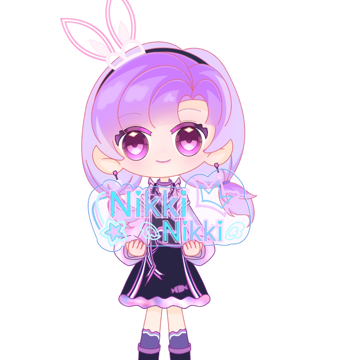 infinity nikki, nikki (series), highres, 1girl, animal ear hairband, animal ears, ankle socks, black boots, black dress, black hairband, blunt bangs, boots, character name, cheering heartbeat (infinity nikki), chibi, choker, colored eyelashes, dress, duominuosu, earrings, fake animal ears, hairband, happy, holding, holding sign, jewelry, long hair, long sleeves, looking at viewer, low twintails, medium5, official alternate color, parted bangs, pinafore dress, puffy long sleeves, puffy sleeves, purple choker, purple eyes, purple hair, purple shirt, purple socks, rabbit ear hairband, rabbit ears, shirt, short twintails, sign, simple background, sleeveless, sleeveless dress, socks, solo, standing, star (symbol), straight-on, twintails, white background